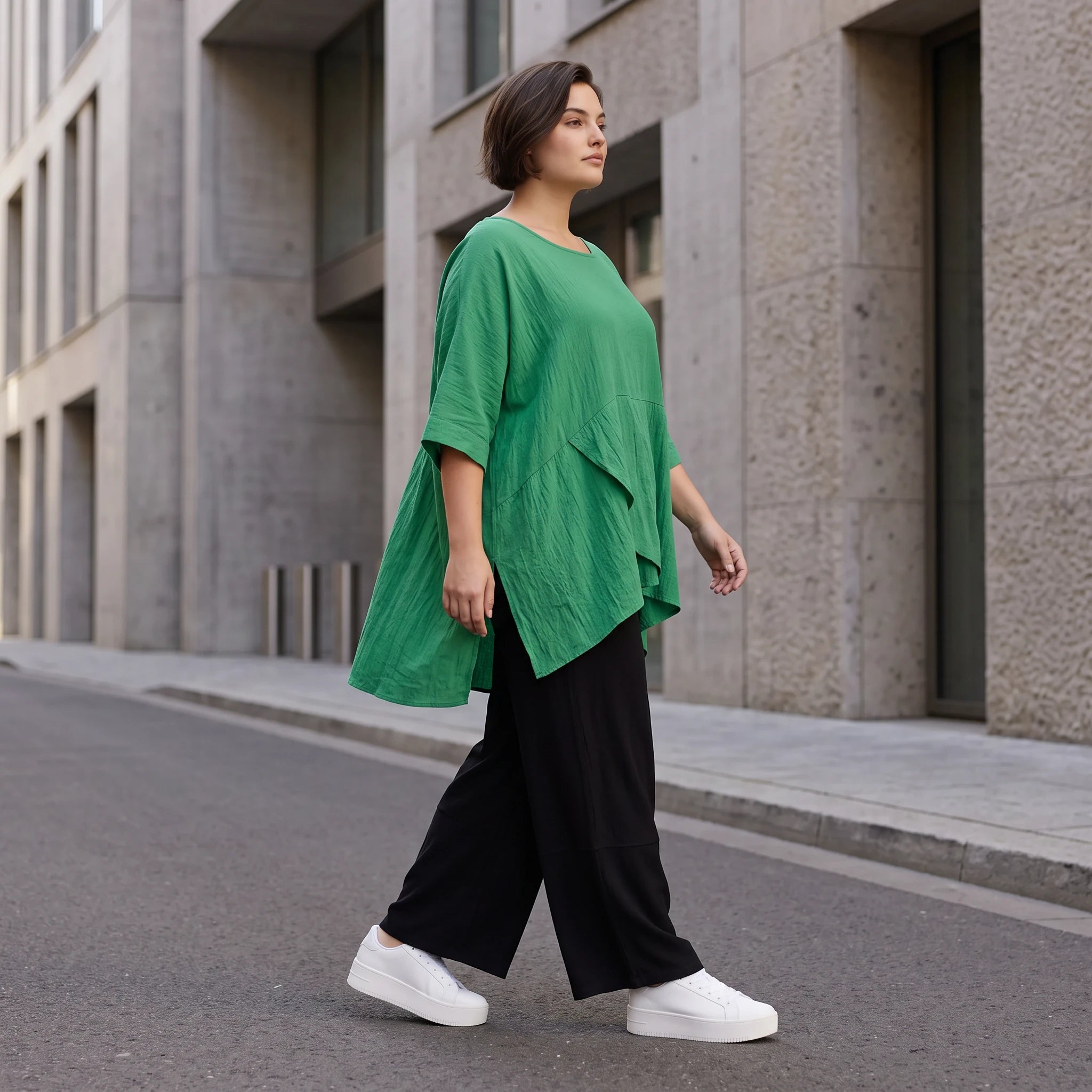 Damen Shirt Avantgarde Viskose Grün, kastiger Schnitt, Kurzarm, Oversize große Größen – AKH Fashion