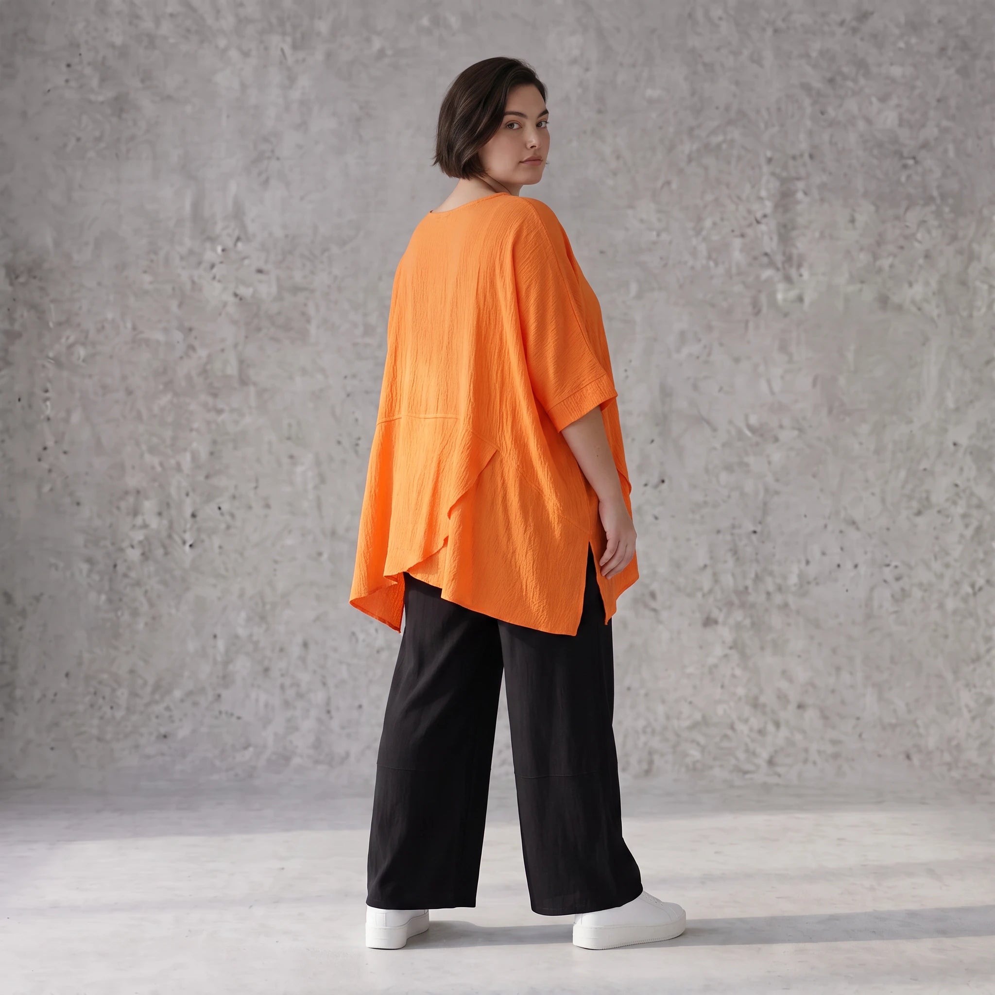 Damen Shirt Avantgarde Viskose Orange, kastiger Schnitt, Kurzarm, Oversize große Größen – AKH Fashion