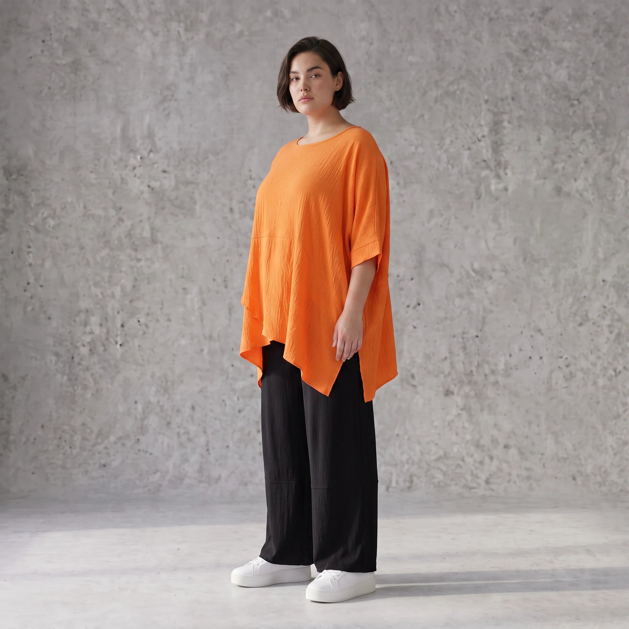 Damen Shirt Avantgarde Viskose Orange, kastiger Schnitt, Kurzarm, Oversize große Größen – AKH Fashion