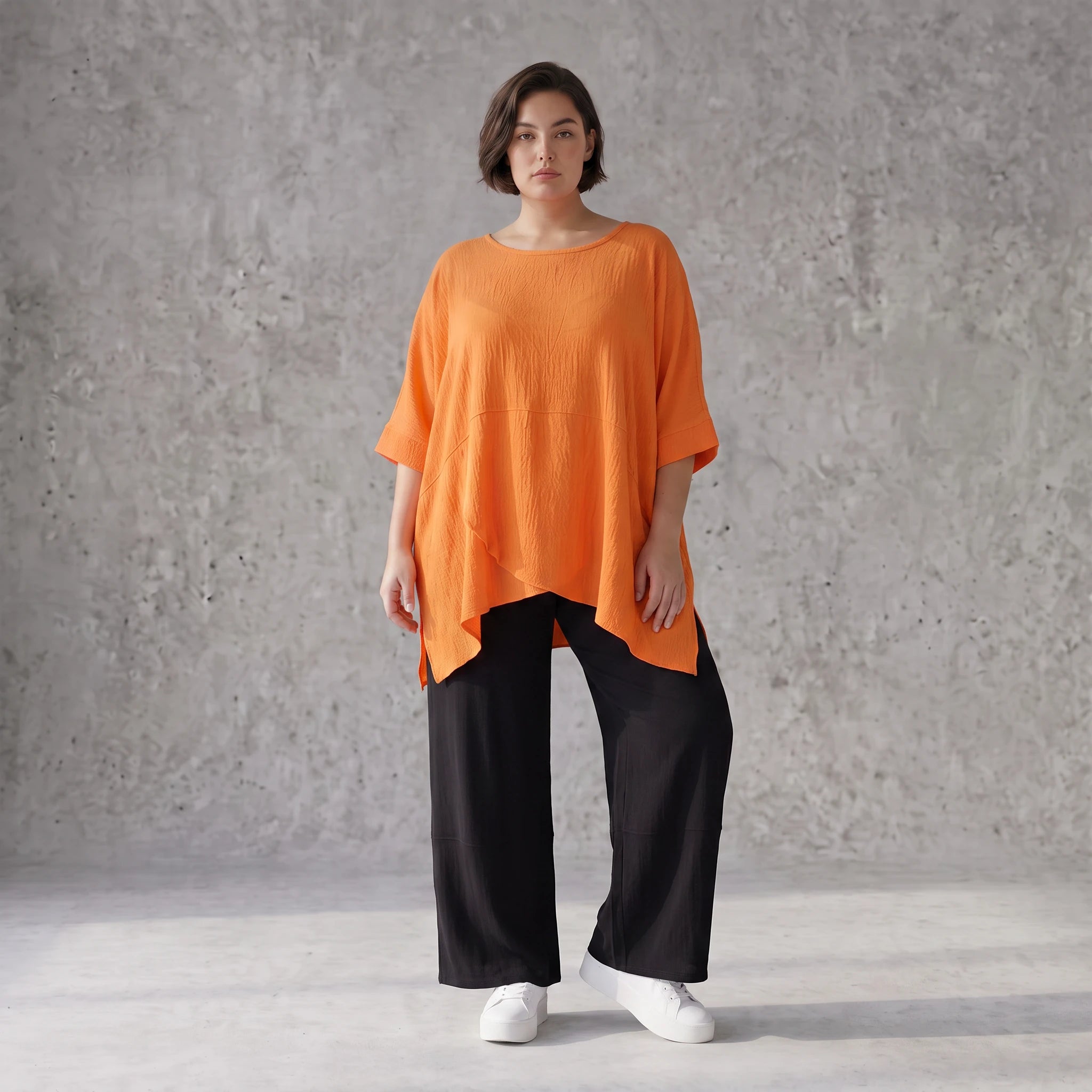 Damen Shirt Avantgarde Viskose Orange, kastiger Schnitt, Kurzarm, Oversize große Größen – AKH Fashion