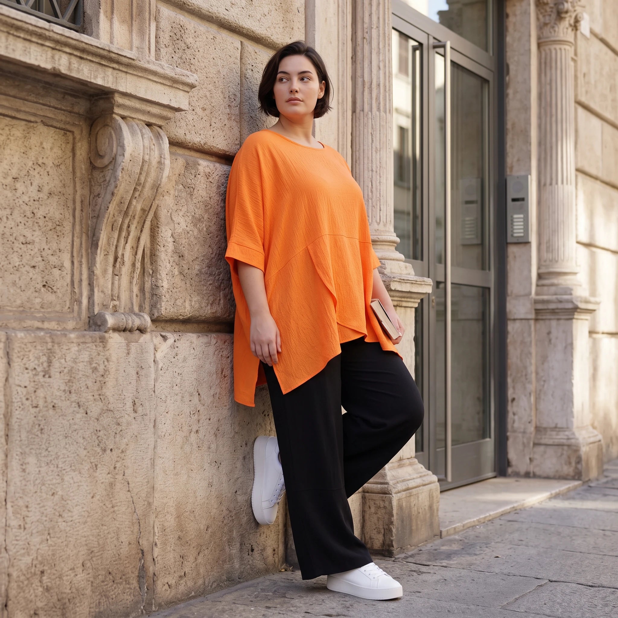 Damen Shirt Avantgarde Viskose Orange, kastiger Schnitt, Kurzarm, Oversize große Größen – AKH Fashion