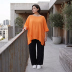 Damen Shirt Avantgarde Viskose Orange, kastiger Schnitt, Kurzarm, Oversize große Größen – AKH Fashion
