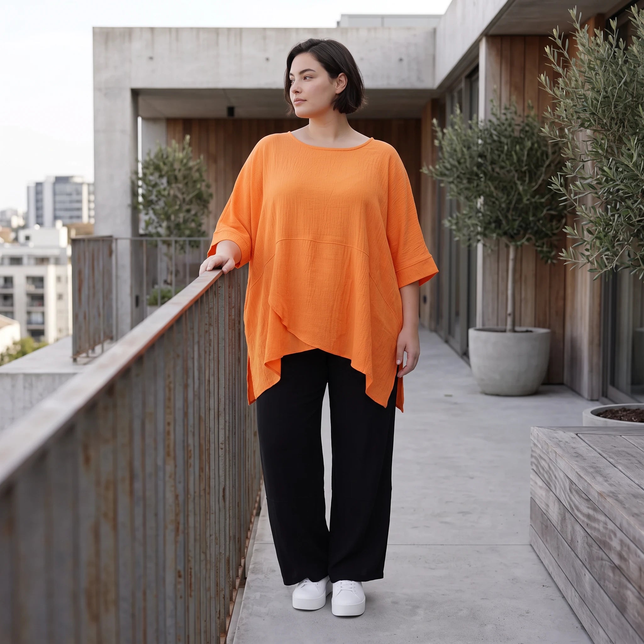 Damen Shirt Avantgarde Viskose Orange, kastiger Schnitt, Kurzarm, Oversize große Größen – AKH Fashion