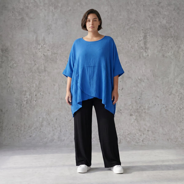 Damen Shirt Avantgarde Viskose Royalblau, kastiger Schnitt, Kurzarm, Oversize große Größen – AKH Fashion