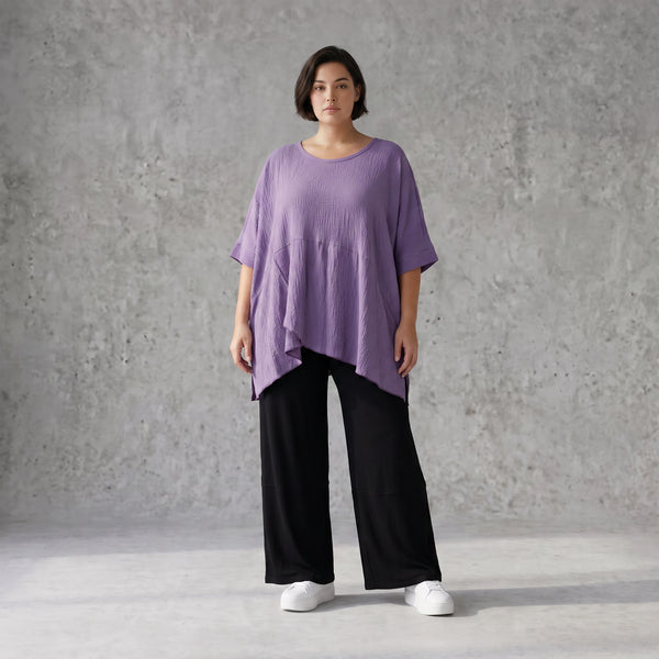 Damen Shirt Avantgarde Viskose Lila, kastiger Schnitt, Kurzarm, Oversize große Größen – AKH Fashion