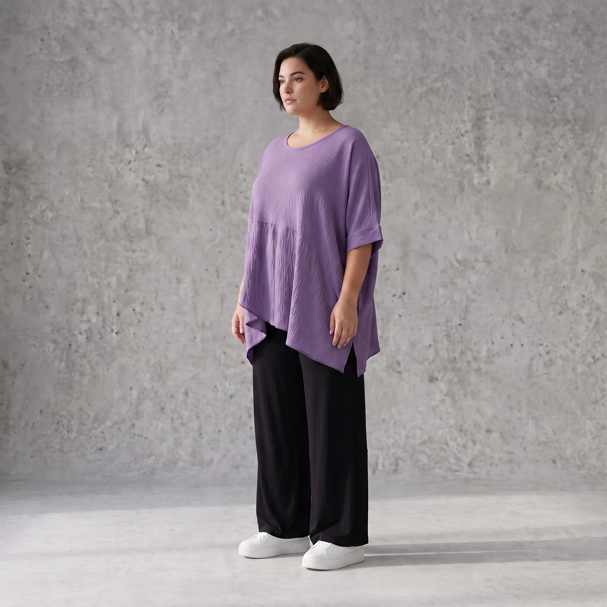 Damen Shirt Avantgarde Viskose Lila, kastiger Schnitt, Kurzarm, Oversize große Größen – AKH Fashion