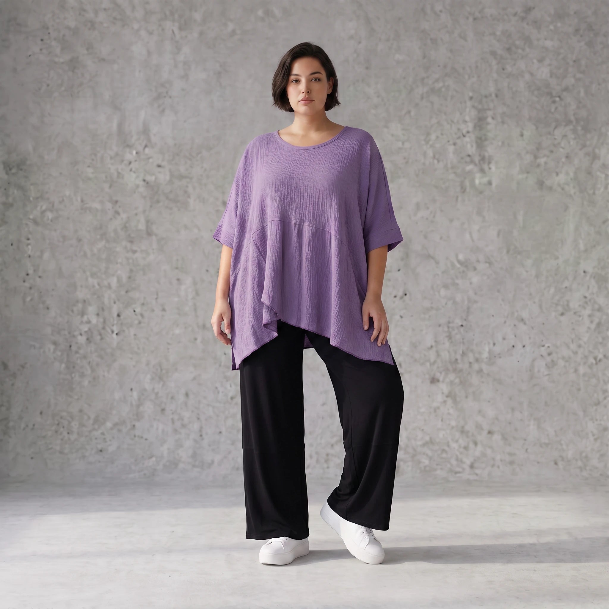Damen Shirt Avantgarde Viskose Lila, kastiger Schnitt, Kurzarm, Oversize große Größen – AKH Fashion