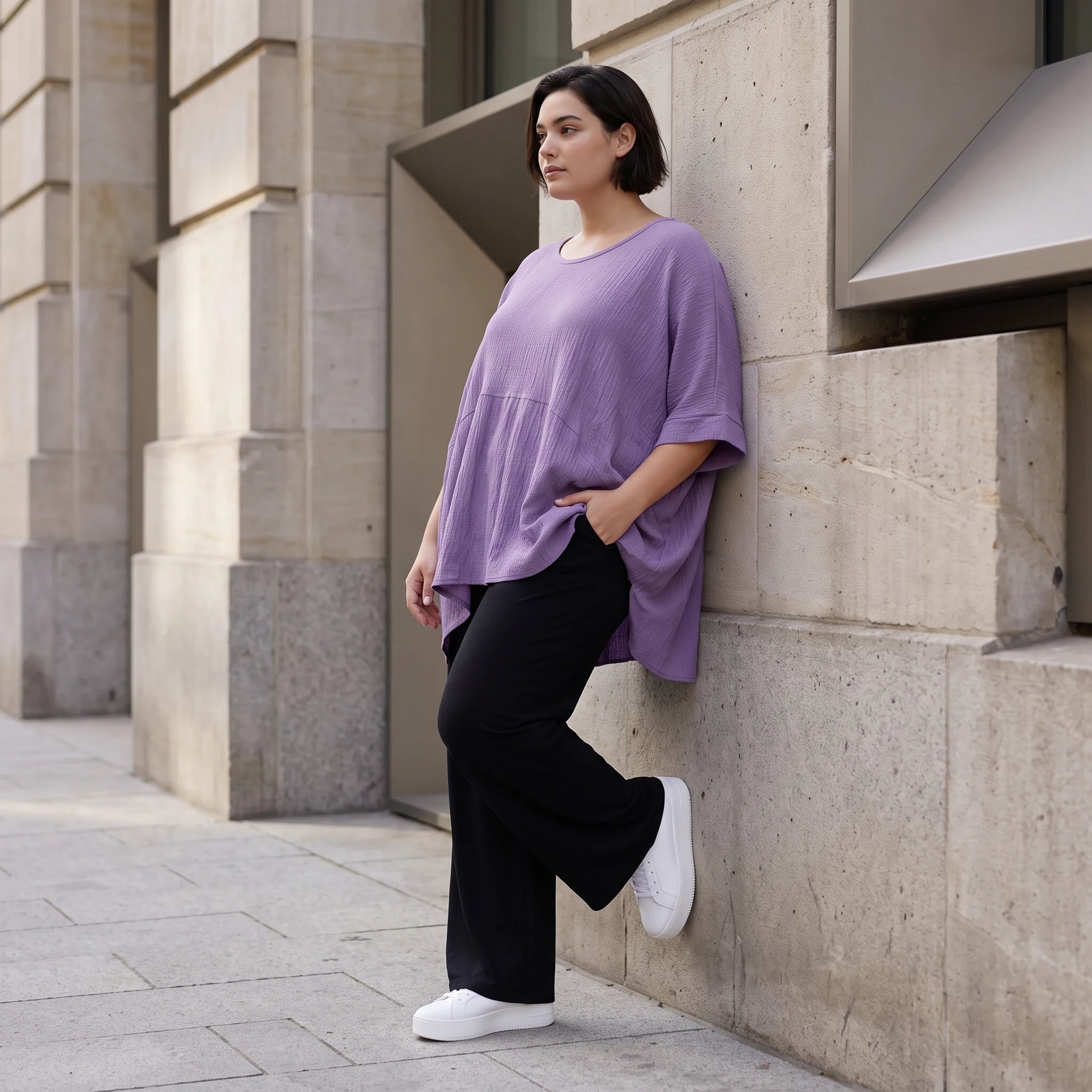 Damen Shirt Avantgarde Viskose Lila, kastiger Schnitt, Kurzarm, Oversize große Größen – AKH Fashion