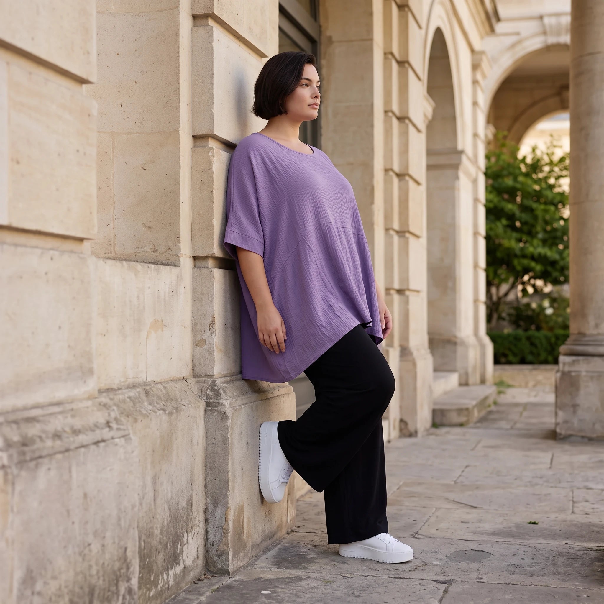Damen Shirt Avantgarde Viskose Lila, kastiger Schnitt, Kurzarm, Oversize große Größen – AKH Fashion