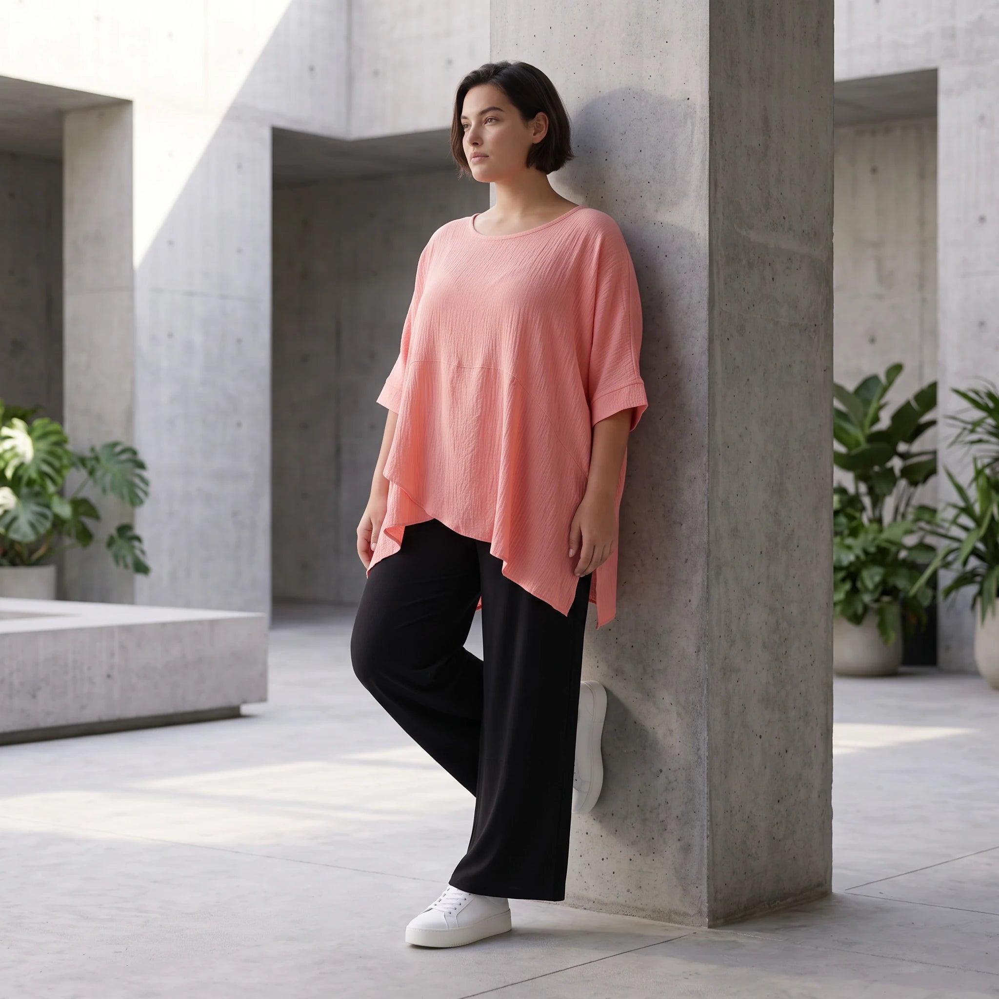 Damen Shirt Avantgarde Viskose Rosa, kastiger Schnitt, Kurzarm, Oversize große Größen – AKH Fashion