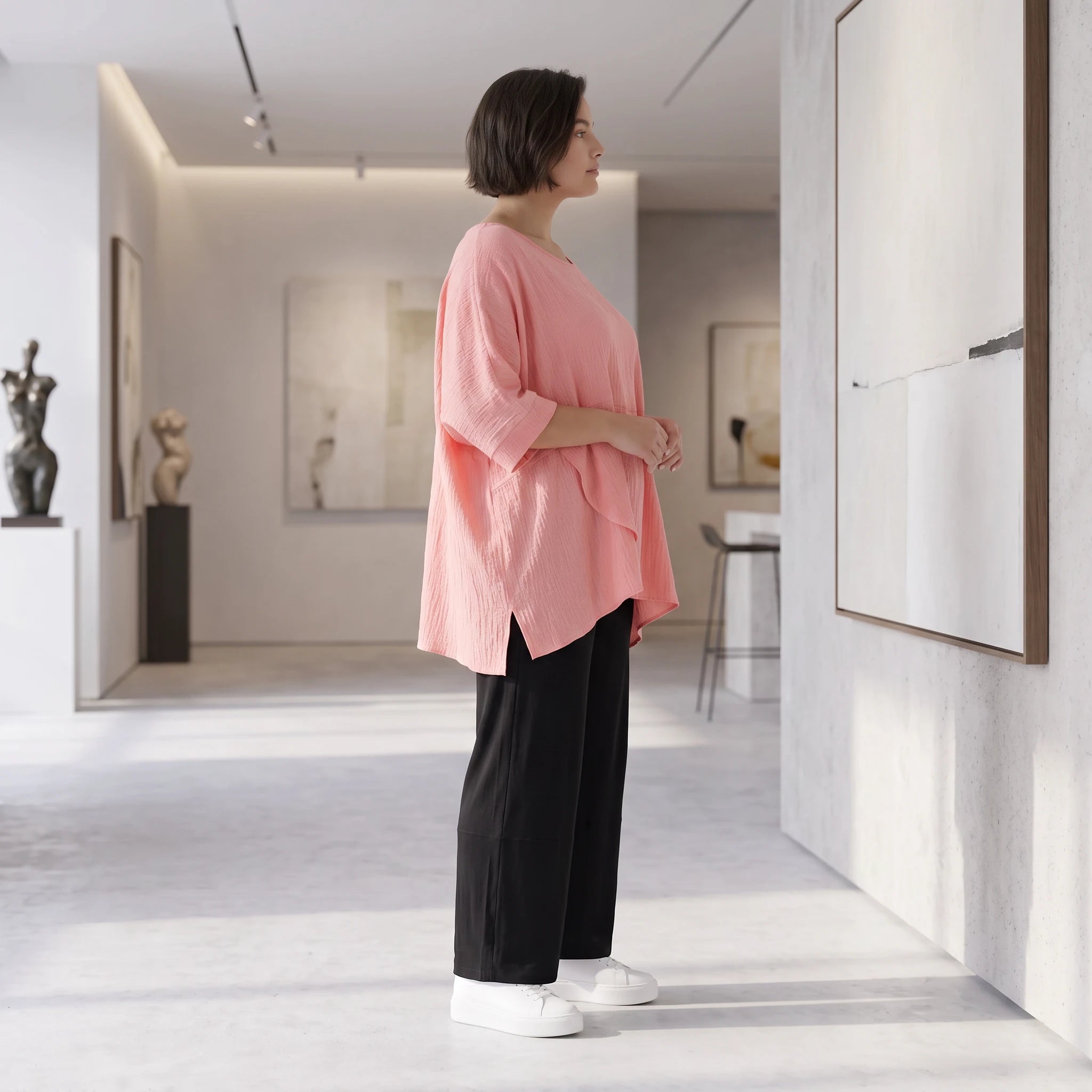 Damen Shirt Avantgarde Viskose Rosa, kastiger Schnitt, Kurzarm, Oversize große Größen – AKH Fashion