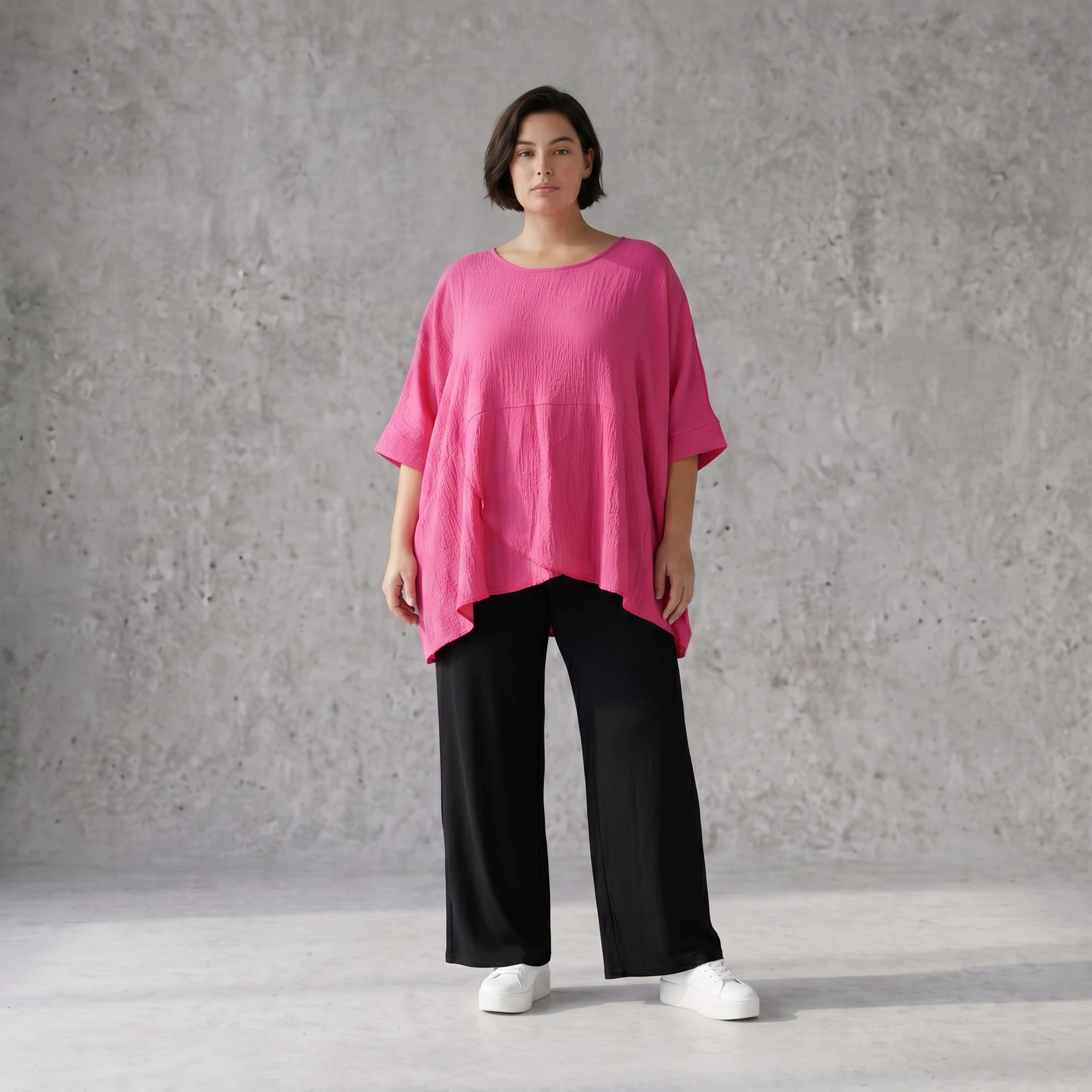 Damen Shirt Avantgarde Viskose Fuchsia, kastiger Schnitt, Kurzarm, Oversize große Größen – AKH Fashion