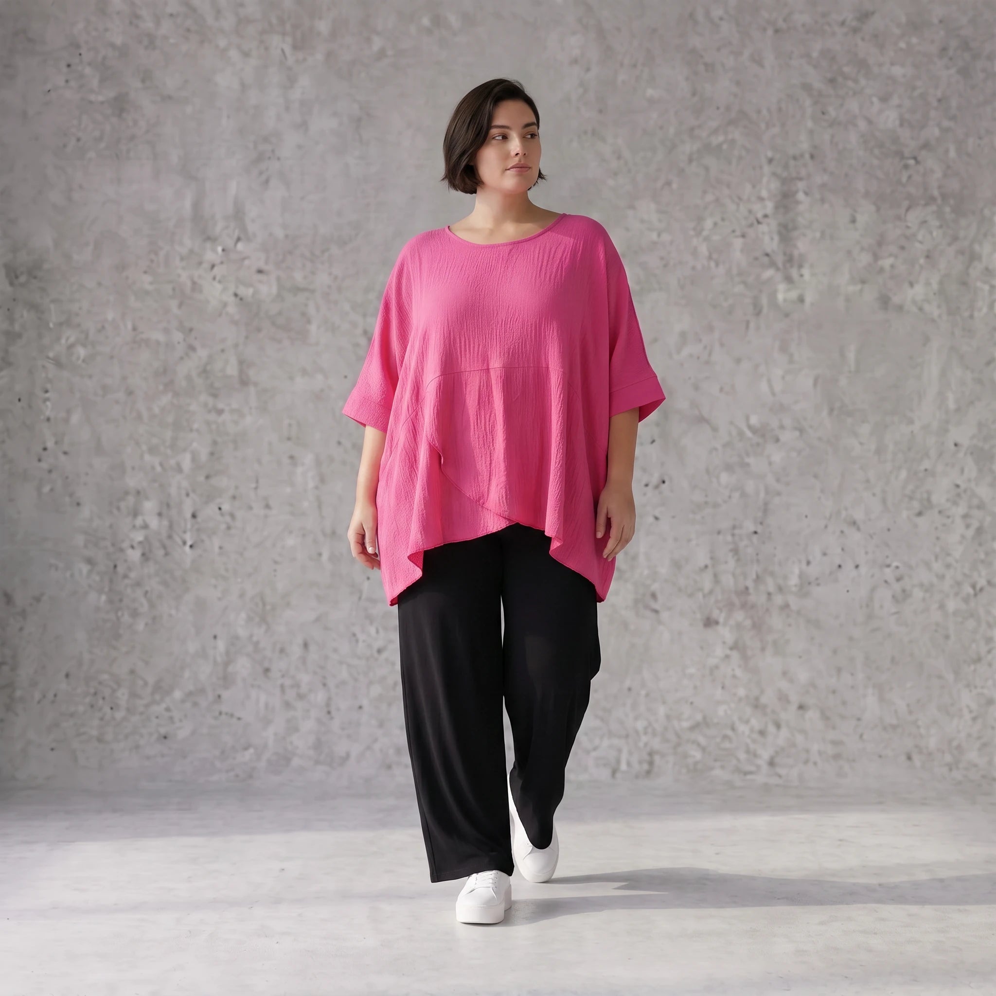 Damen Shirt Avantgarde Viskose Fuchsia, kastiger Schnitt, Kurzarm, Oversize große Größen – AKH Fashion