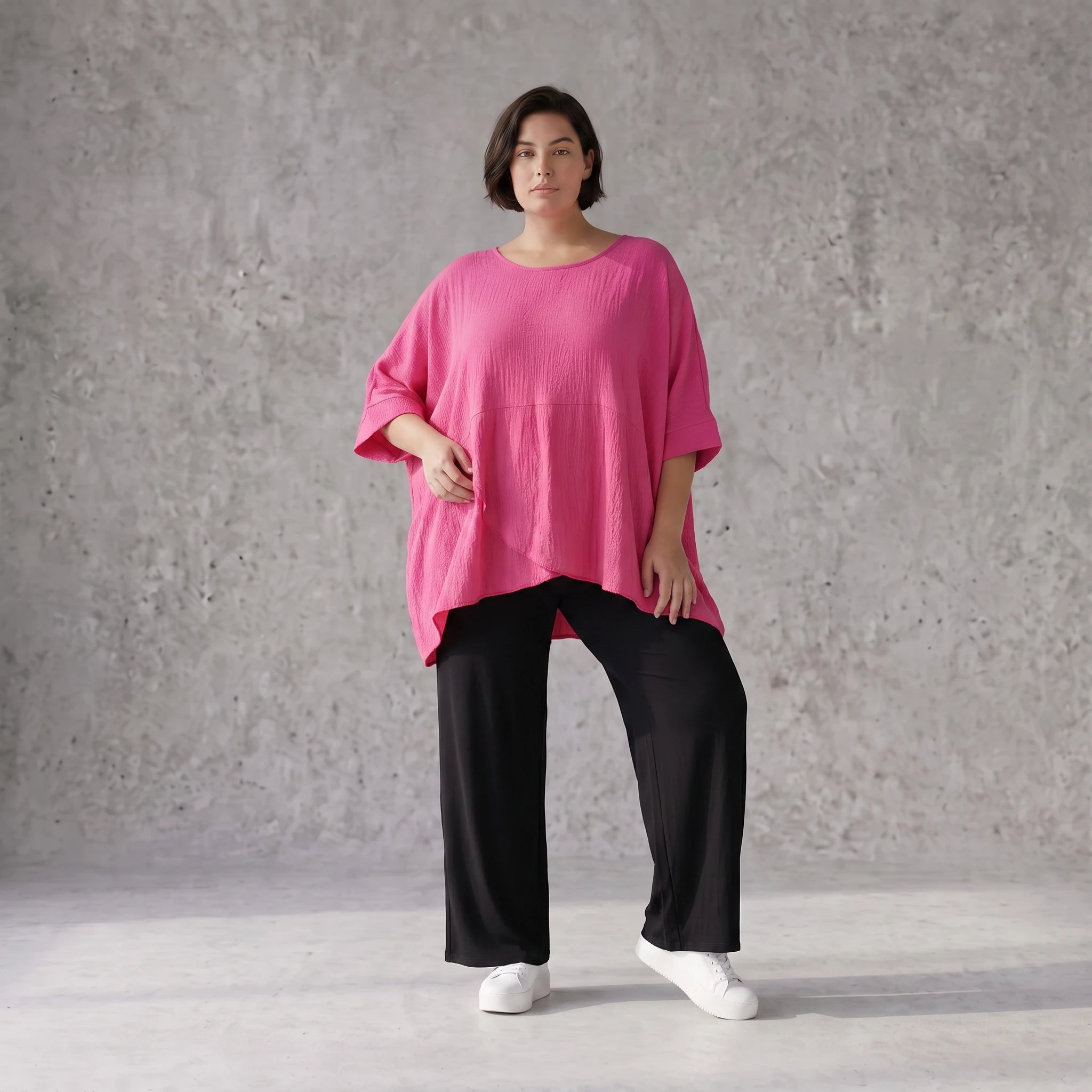 Damen Shirt Avantgarde Viskose Fuchsia, kastiger Schnitt, Kurzarm, Oversize große Größen – AKH Fashion
