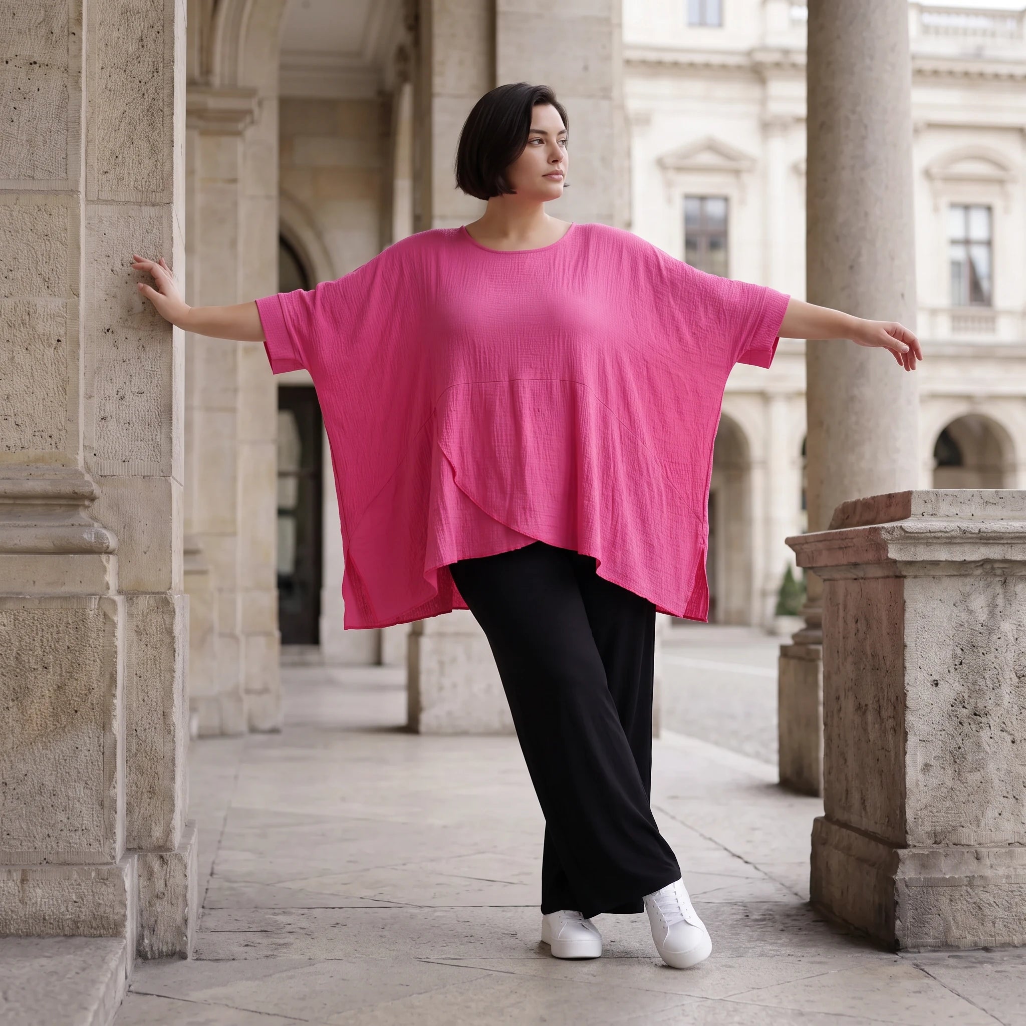 Damen Shirt Avantgarde Viskose Fuchsia, kastiger Schnitt, Kurzarm, Oversize große Größen – AKH Fashion