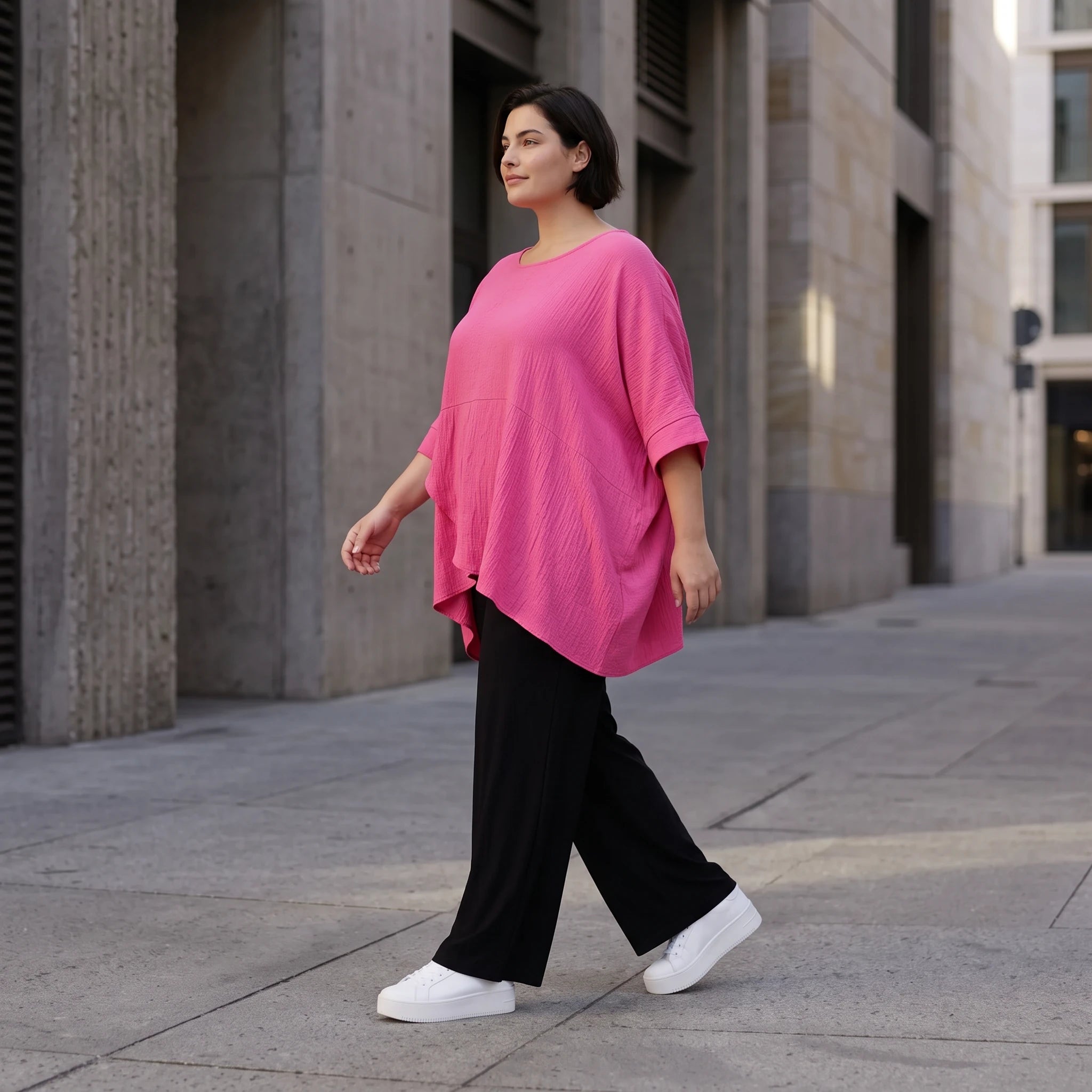 Damen Shirt Avantgarde Viskose Fuchsia, kastiger Schnitt, Kurzarm, Oversize große Größen – AKH Fashion