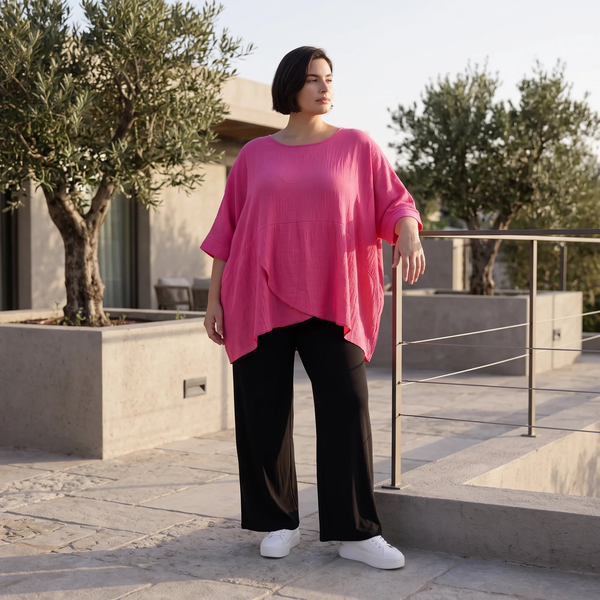 Damen Shirt Avantgarde Viskose Fuchsia, kastiger Schnitt, Kurzarm, Oversize große Größen – AKH Fashion