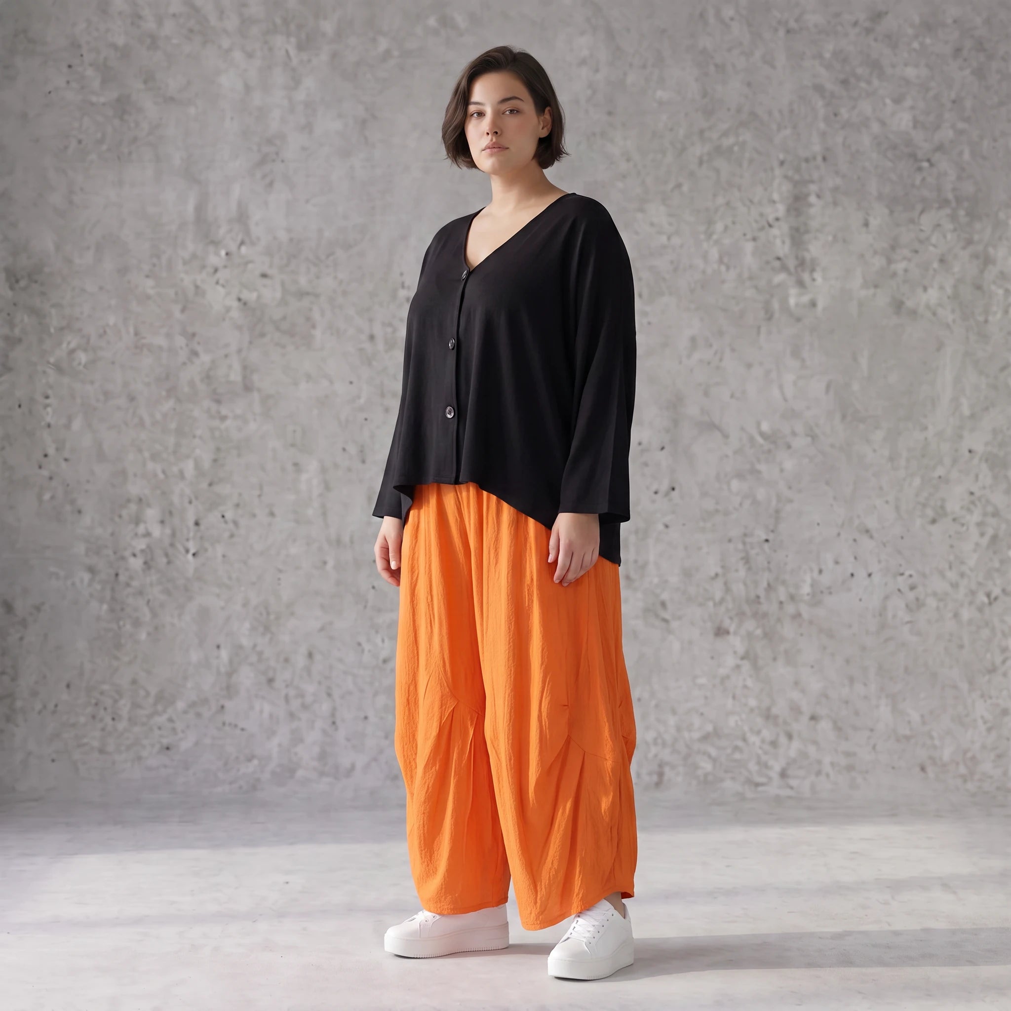 Damen Hose Avantgarde Viskose Orange, Ballonhose, Flügeltaschen, Oversize große Größen – AKH Fashion