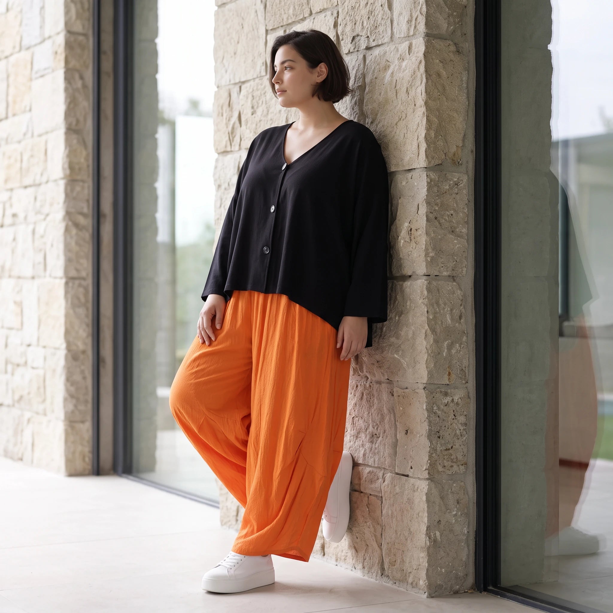 Damen Hose Avantgarde Viskose Orange, Ballonhose, Flügeltaschen, Oversize große Größen – AKH Fashion
