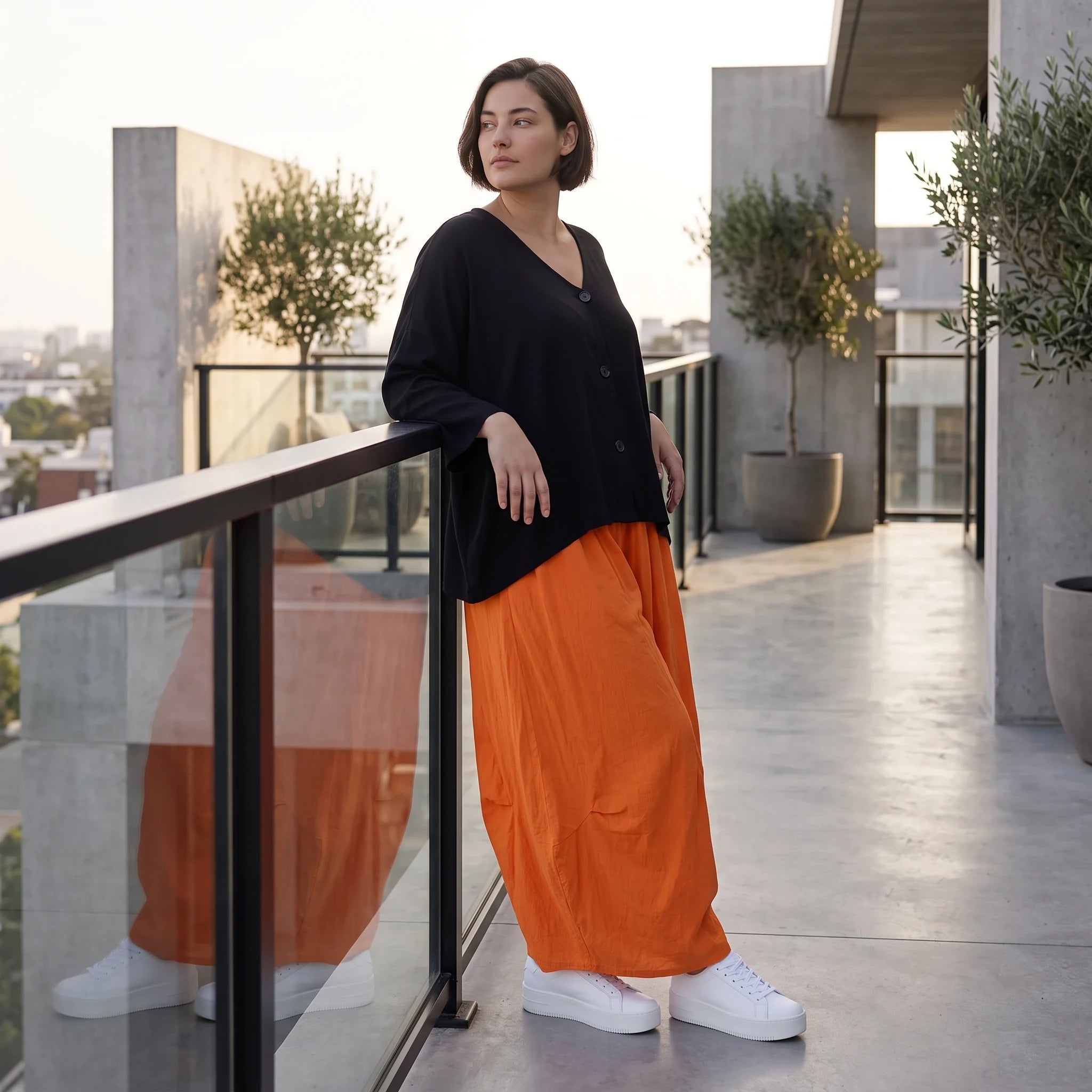 Damen Hose Avantgarde Viskose Orange, Ballonhose, Flügeltaschen, Oversize große Größen – AKH Fashion