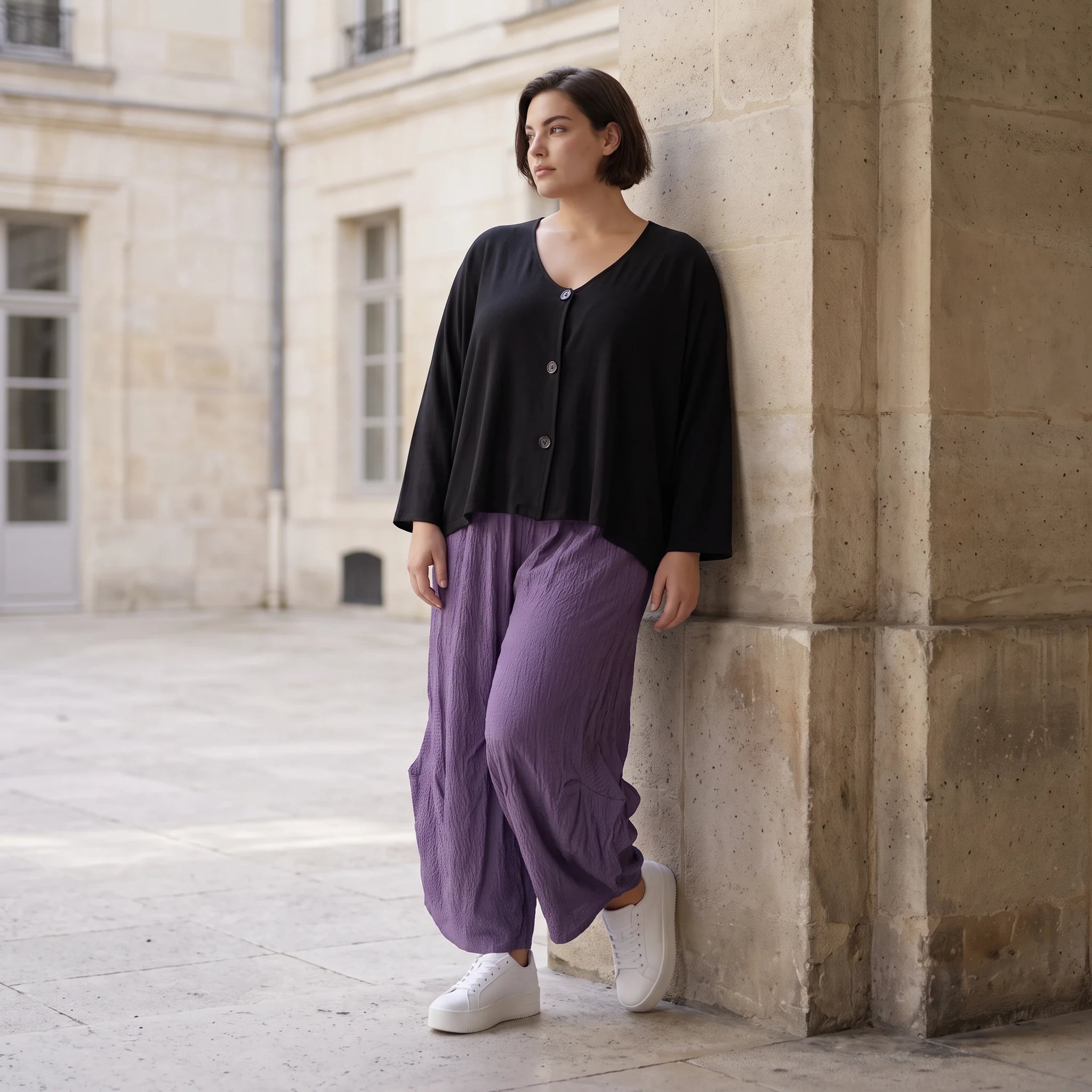 Damen Hose Avantgarde Viskose Lila, Ballonschnitt, Elastikbund, Oversize große Größen – AKH Fashion