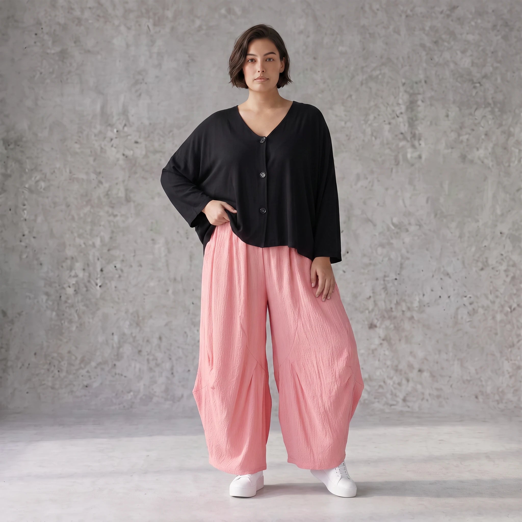 Damen Hose Avantgarde Viskose Rosa, Ballonschnitt, Elastikbund, Oversize große Größen – AKH Fashion