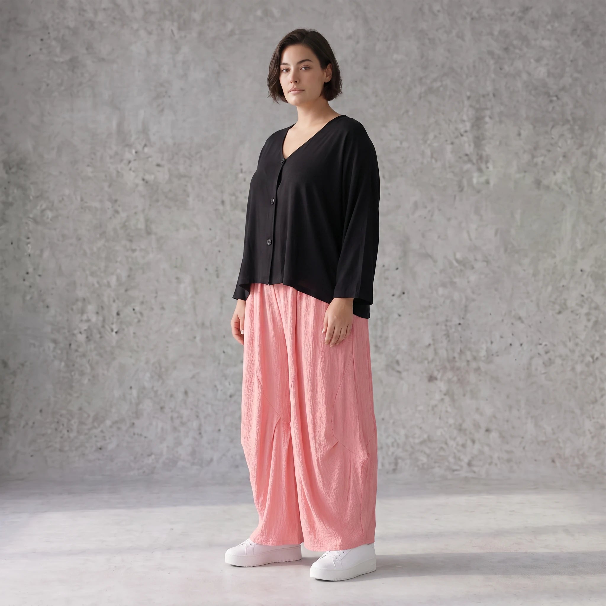 Damen Hose Avantgarde Viskose Rosa, Ballonschnitt, Elastikbund, Oversize große Größen – AKH Fashion