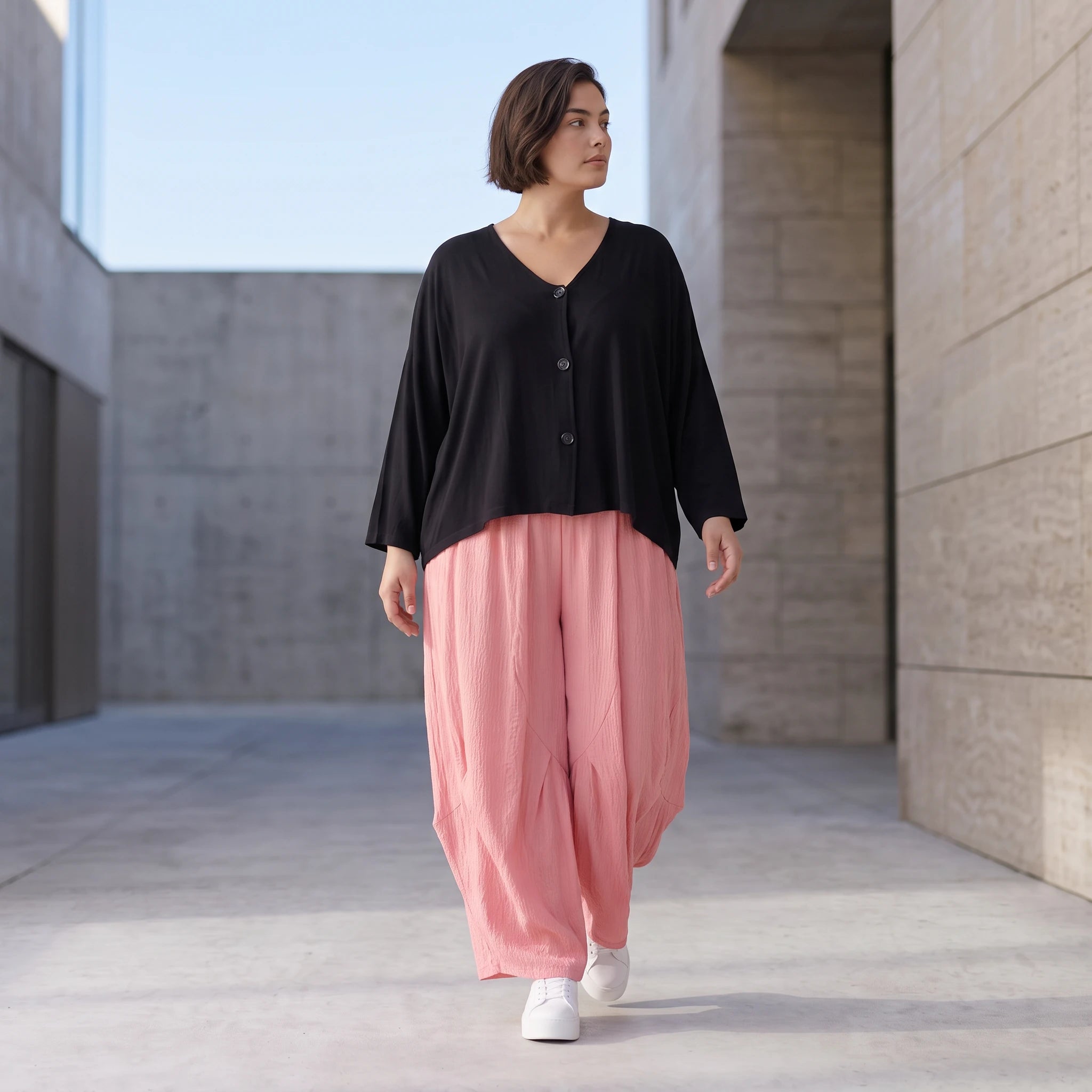 Damen Hose Avantgarde Viskose Rosa, Ballonschnitt, Elastikbund, Oversize große Größen – AKH Fashion