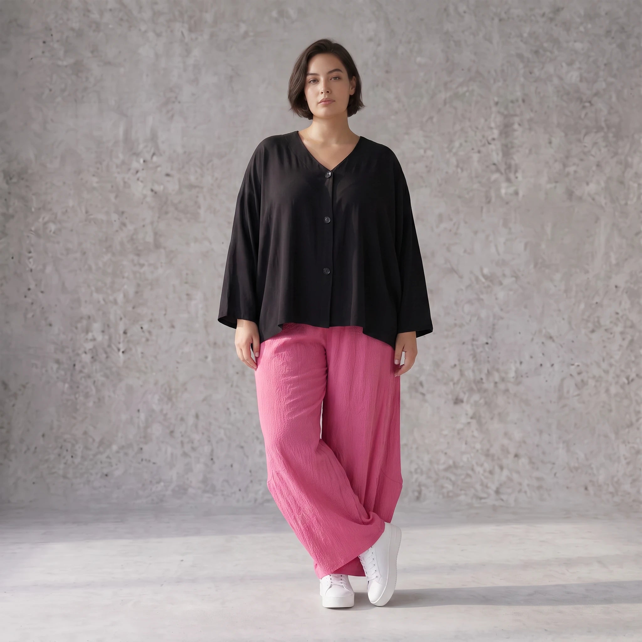 Damen Hose Avantgarde Viskose Fuchsia, Ballonschnitt, Flügeltaschen, Oversize große Größen – AKH Fashion