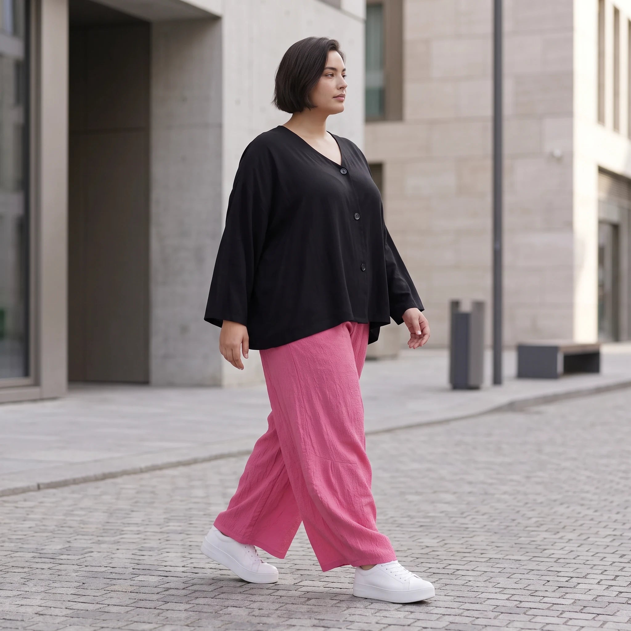 Damen Hose Avantgarde Viskose Fuchsia, Ballonschnitt, Flügeltaschen, Oversize große Größen – AKH Fashion