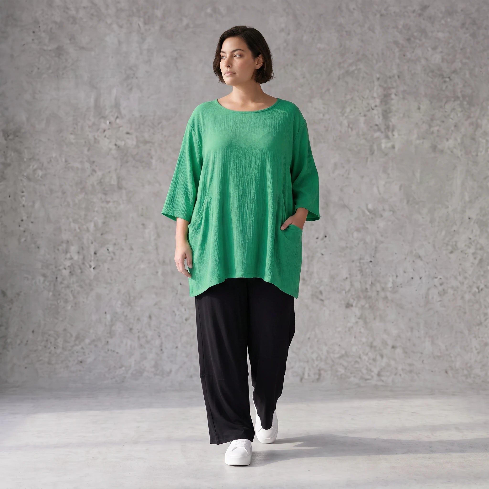 Damen Shirt Avantgarde Viskose Grün, A-Linie, Seitentaschen, Oversize große Größen – AKH Fashion
