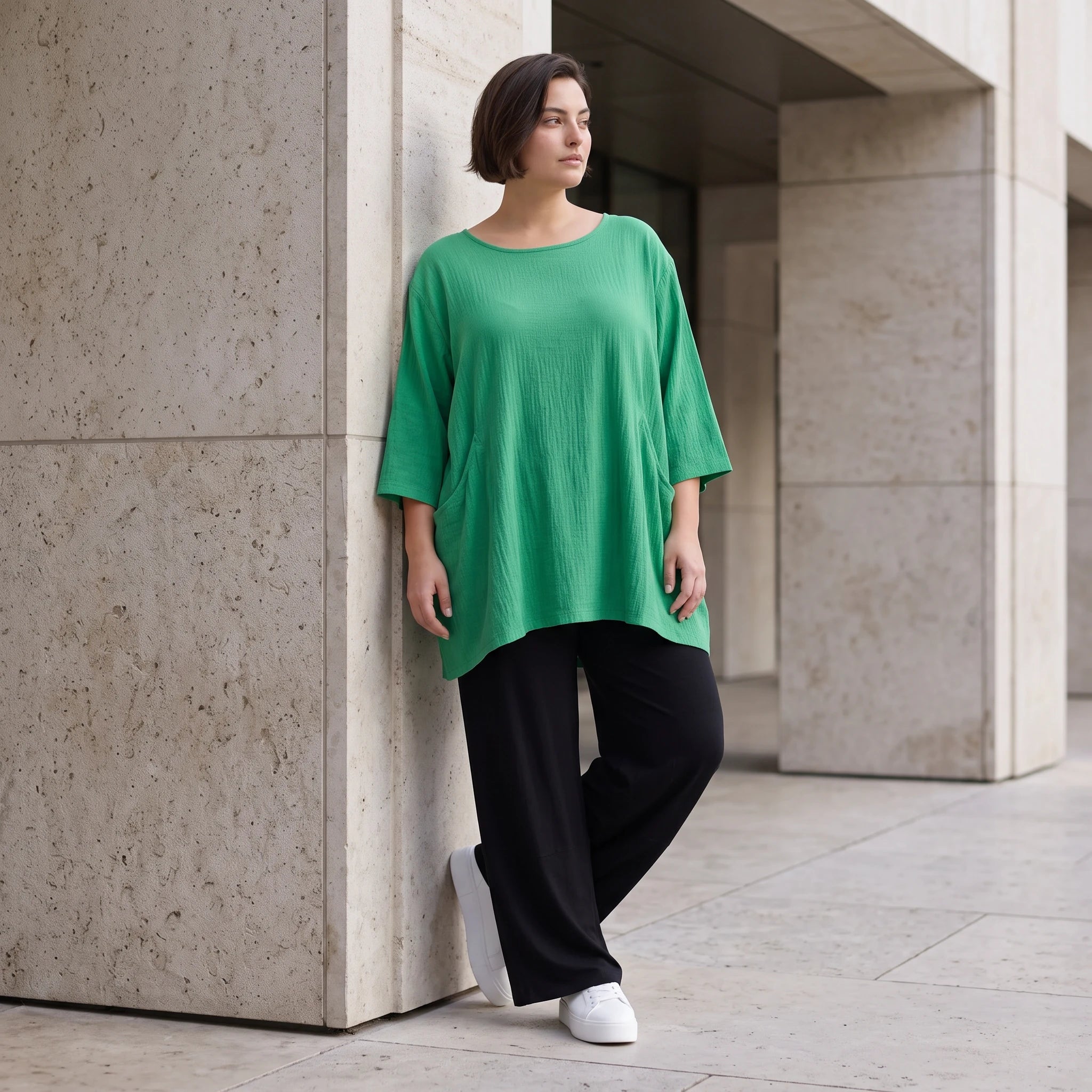 Damen Shirt Avantgarde Viskose Grün, A-Linie, Seitentaschen, Oversize große Größen – AKH Fashion