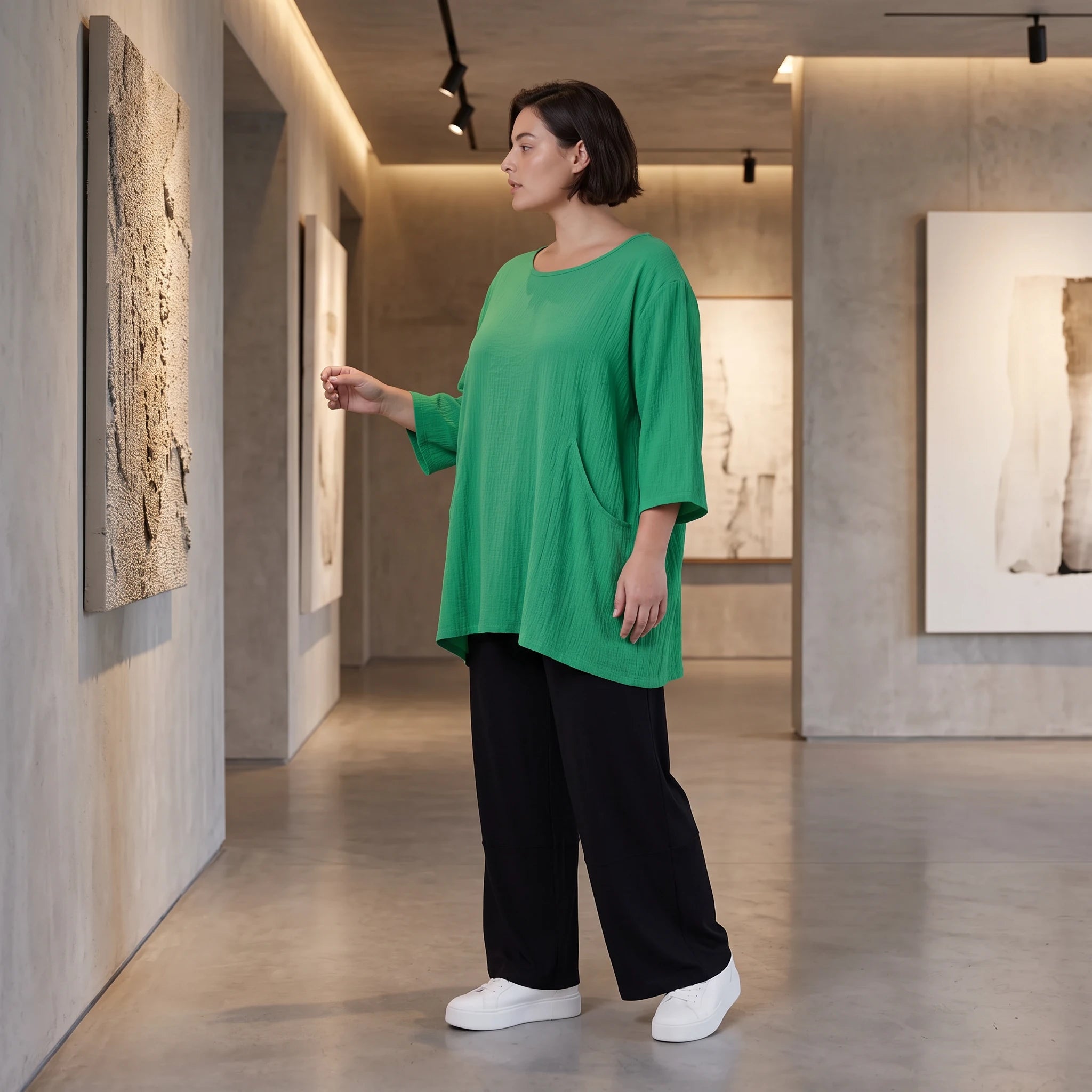 Damen Shirt Avantgarde Viskose Grün, A-Linie, Seitentaschen, Oversize große Größen – AKH Fashion