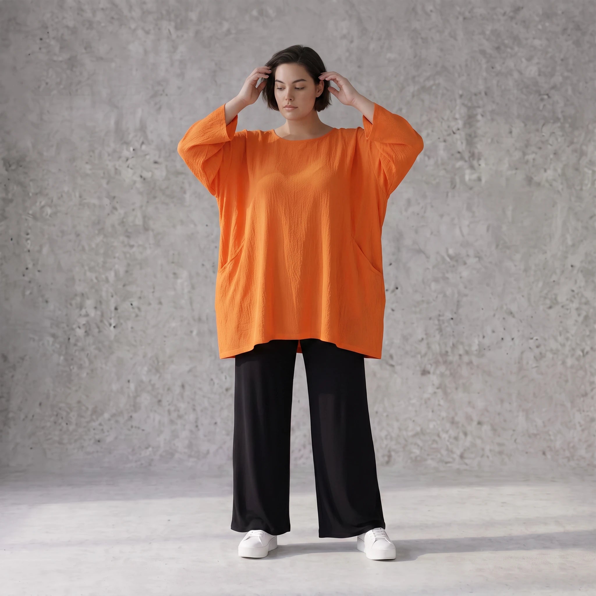 Damen Shirt Avantgarde Viskose Orange, A-Linie, Seitentaschen, Oversize große Größen – AKH Fashion