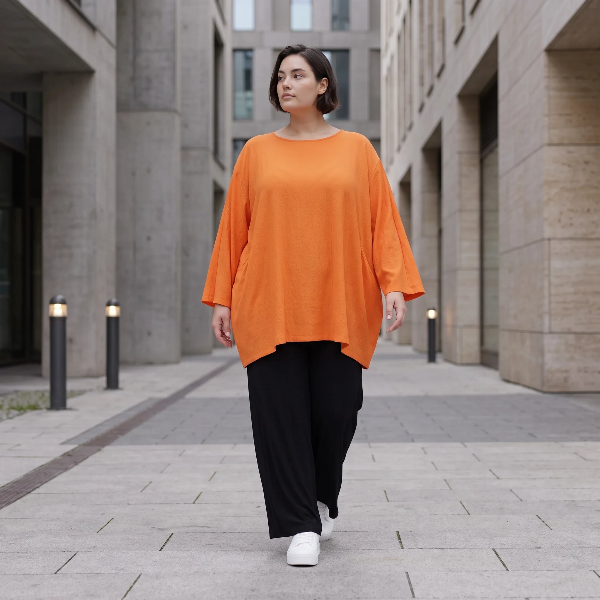 Damen Shirt Avantgarde Viskose Orange, A-Linie, Seitentaschen, Oversize große Größen – AKH Fashion