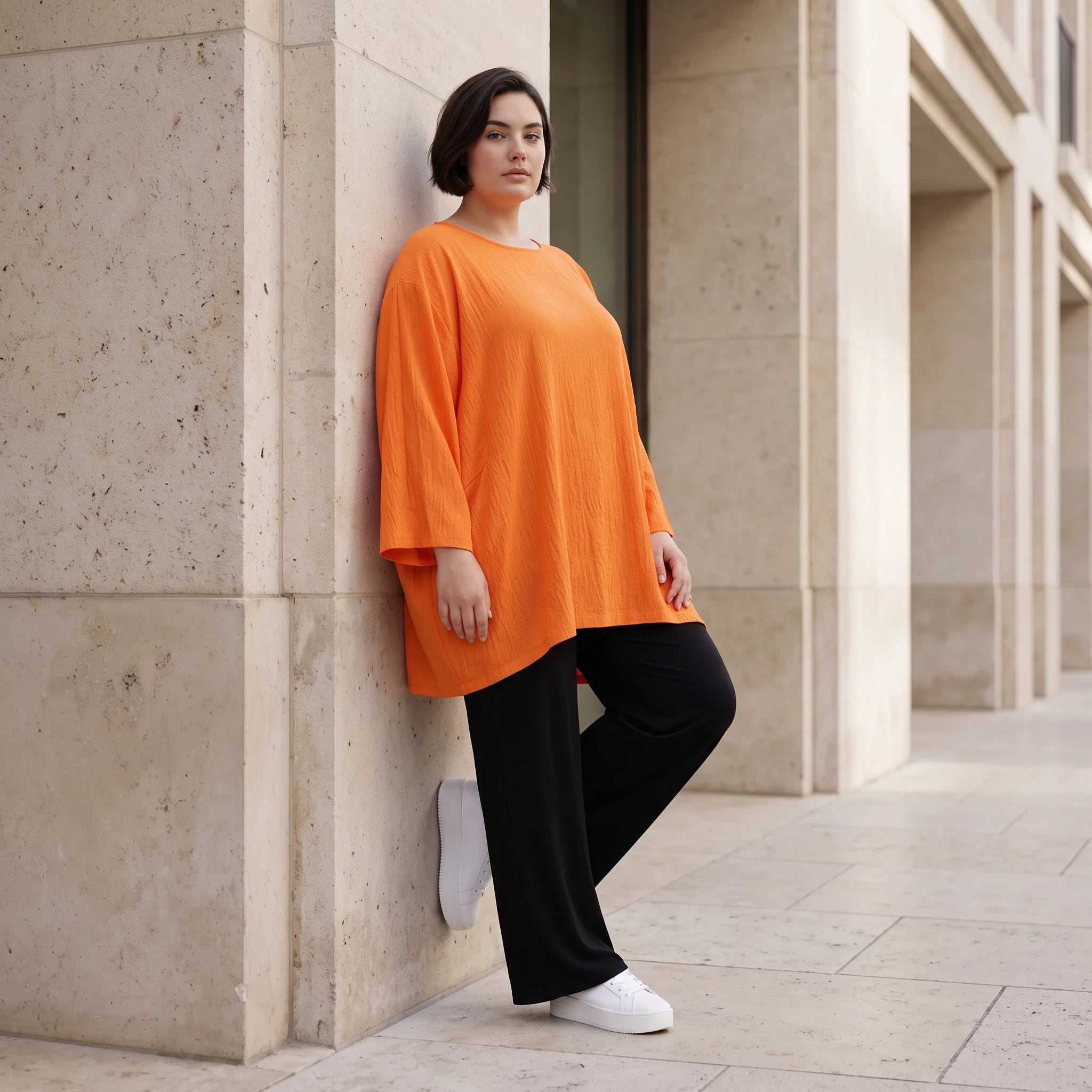 Damen Shirt Avantgarde Viskose Orange, A-Linie, Seitentaschen, Oversize große Größen – AKH Fashion