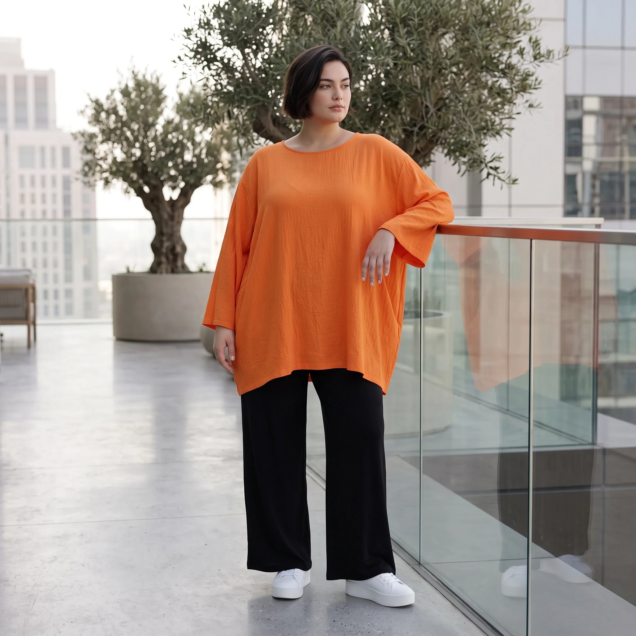 Damen Shirt Avantgarde Viskose Orange, A-Linie, Seitentaschen, Oversize große Größen – AKH Fashion