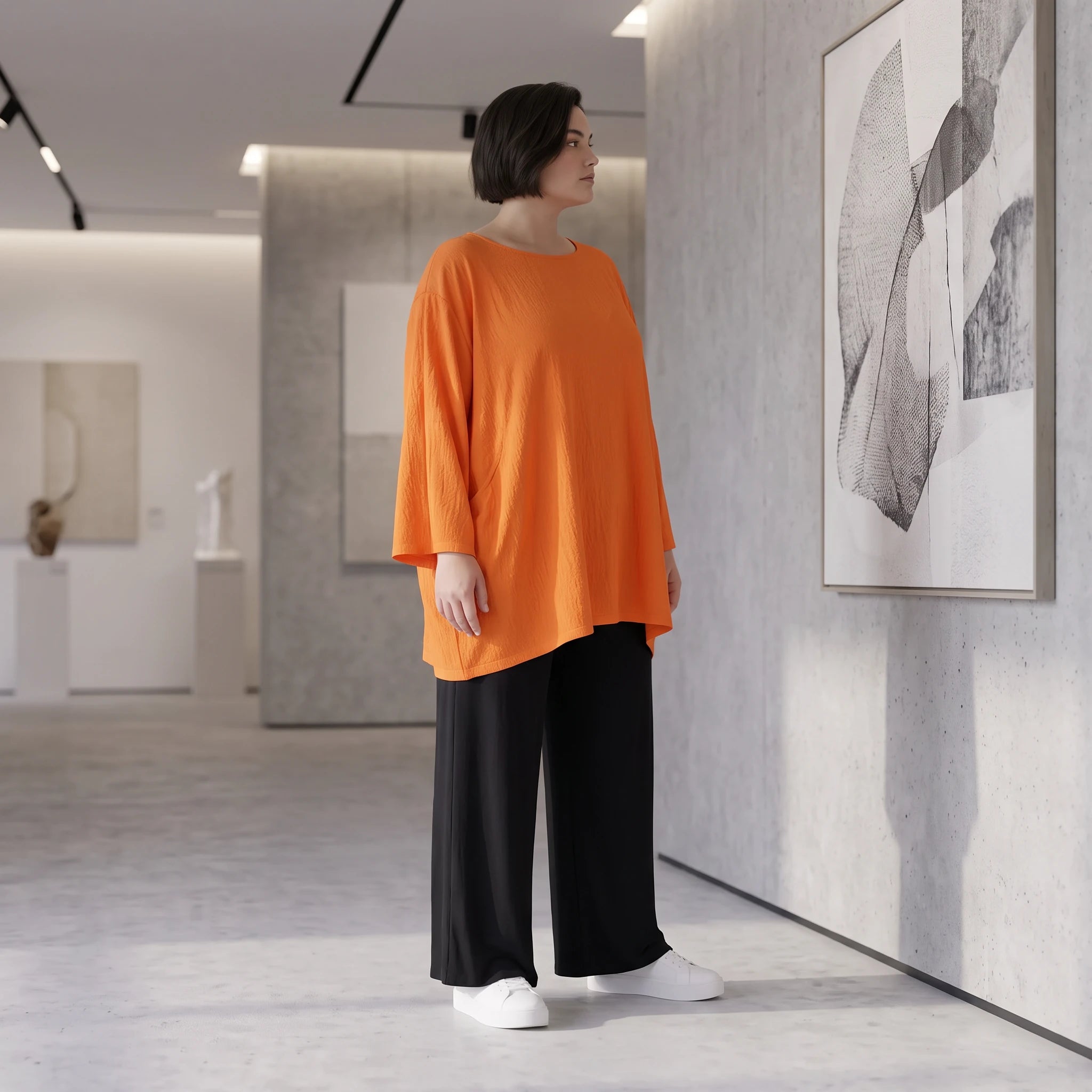 Damen Shirt Avantgarde Viskose Orange, A-Linie, Seitentaschen, Oversize große Größen – AKH Fashion