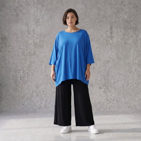 Damen Shirt Avantgarde Viskose Royalblau, A-Linie, 3/4-Arm, Seitentaschen, Oversize große Größen – AKH Fashion