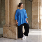 Damen Shirt Avantgarde Viskose Royalblau, A-Linie, 3/4-Arm, Seitentaschen, Oversize große Größen – AKH Fashion