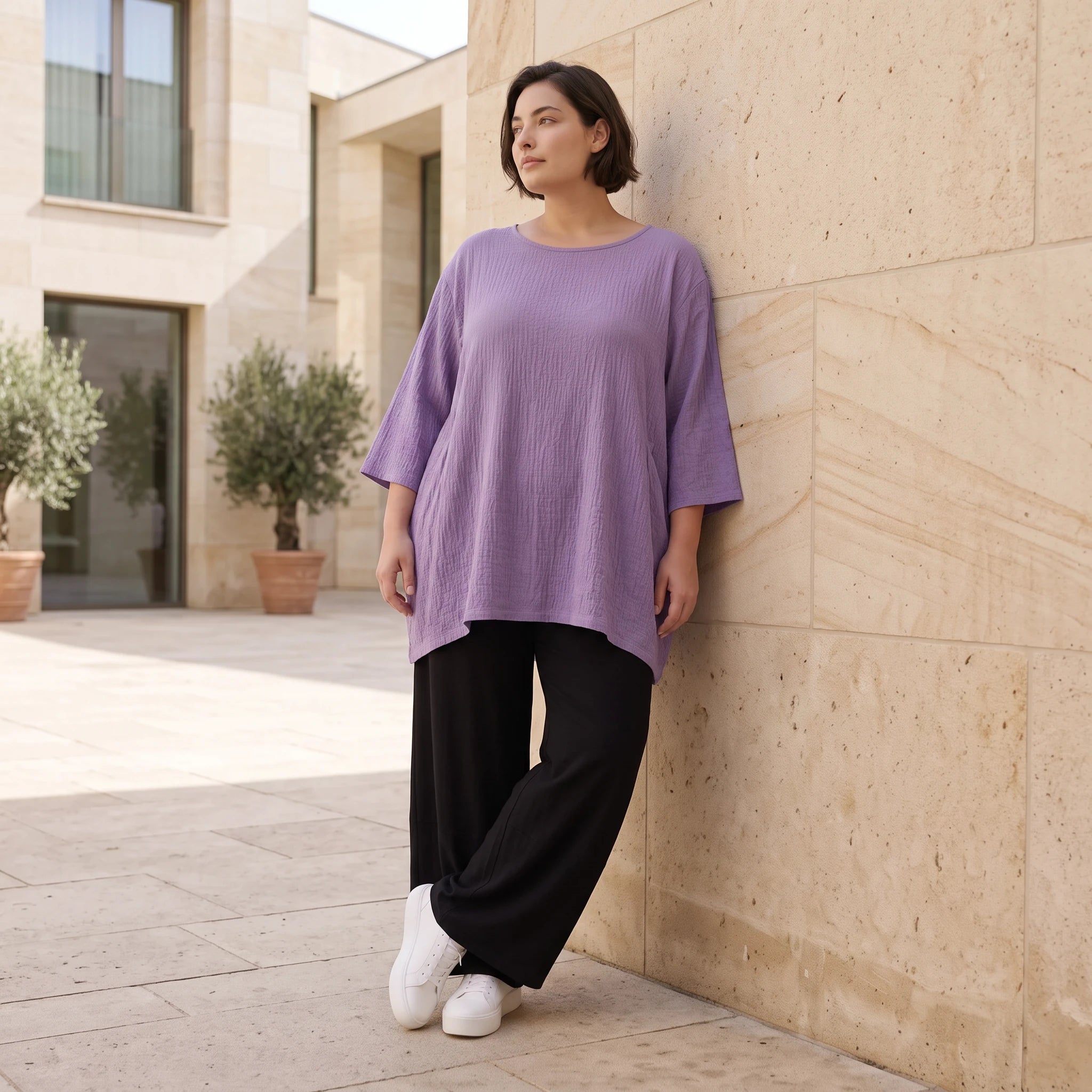 Damen Shirt Avantgarde Viskose Lila, A-Linie, Seitentaschen, Oversize große Größen – AKH Fashion