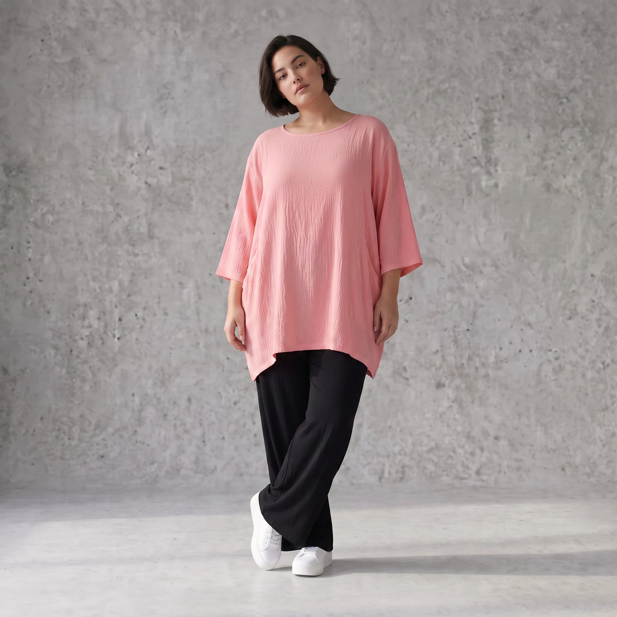 Damen Shirt Avantgarde Viskose Rosa, A-Linie, 3/4-Arm, Seitentaschen, Oversize große Größen – AKH Fashion