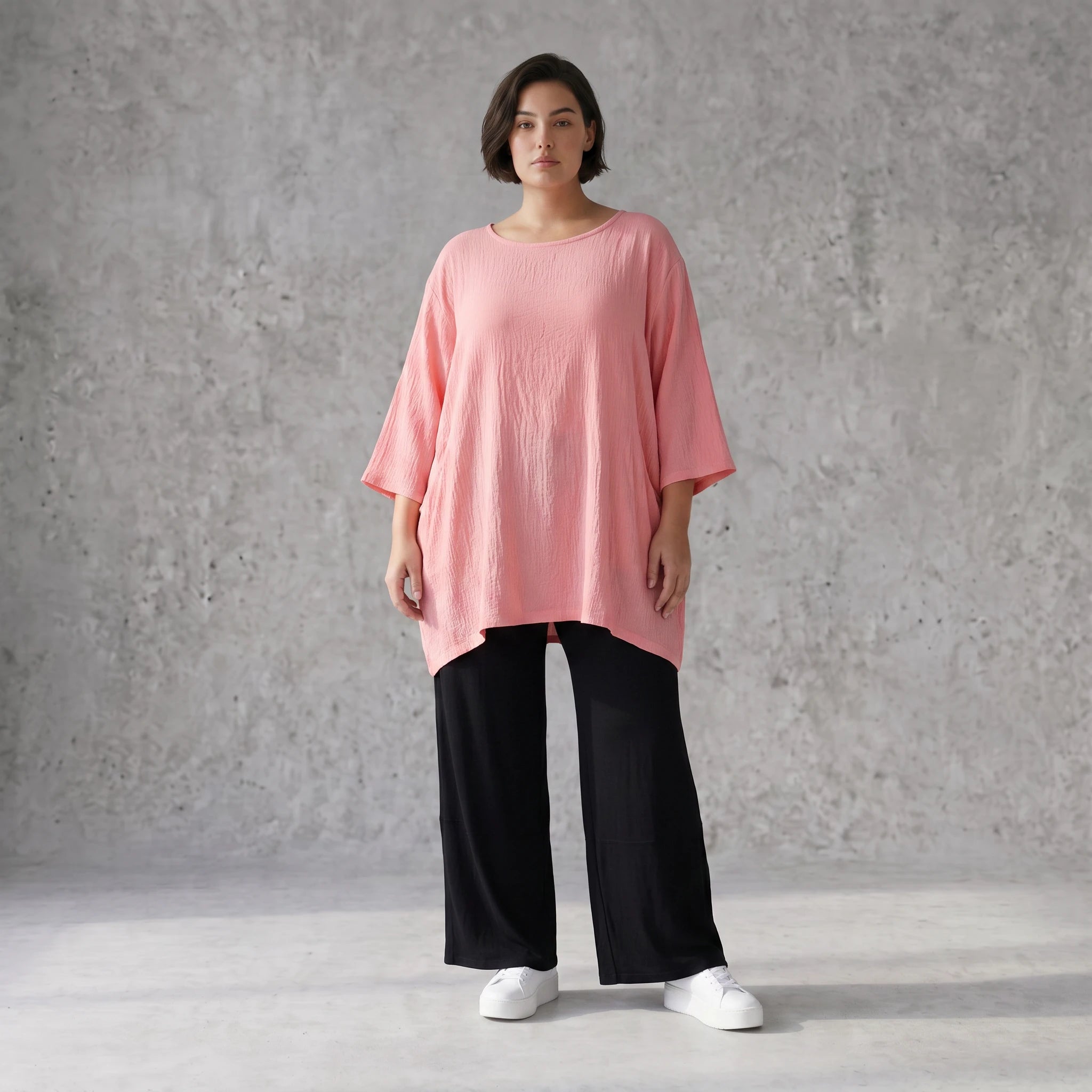 Damen Shirt Avantgarde Viskose Rosa, A-Linie, 3/4-Arm, Seitentaschen, Oversize große Größen – AKH Fashion