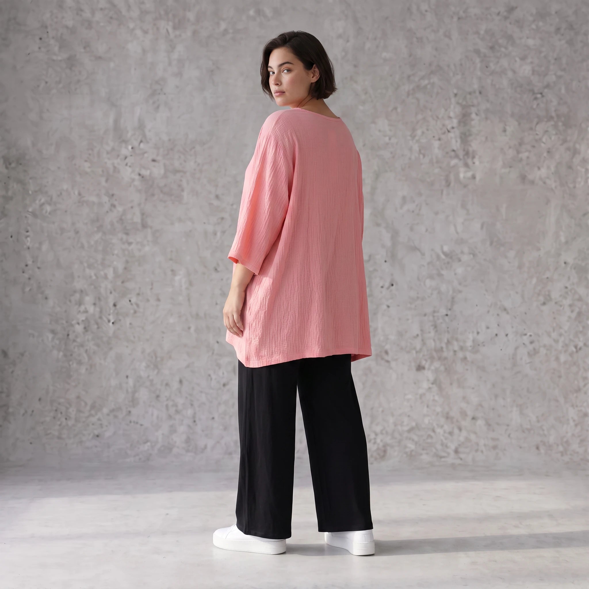 Damen Shirt Avantgarde Viskose Rosa, A-Linie, 3/4-Arm, Seitentaschen, Oversize große Größen – AKH Fashion