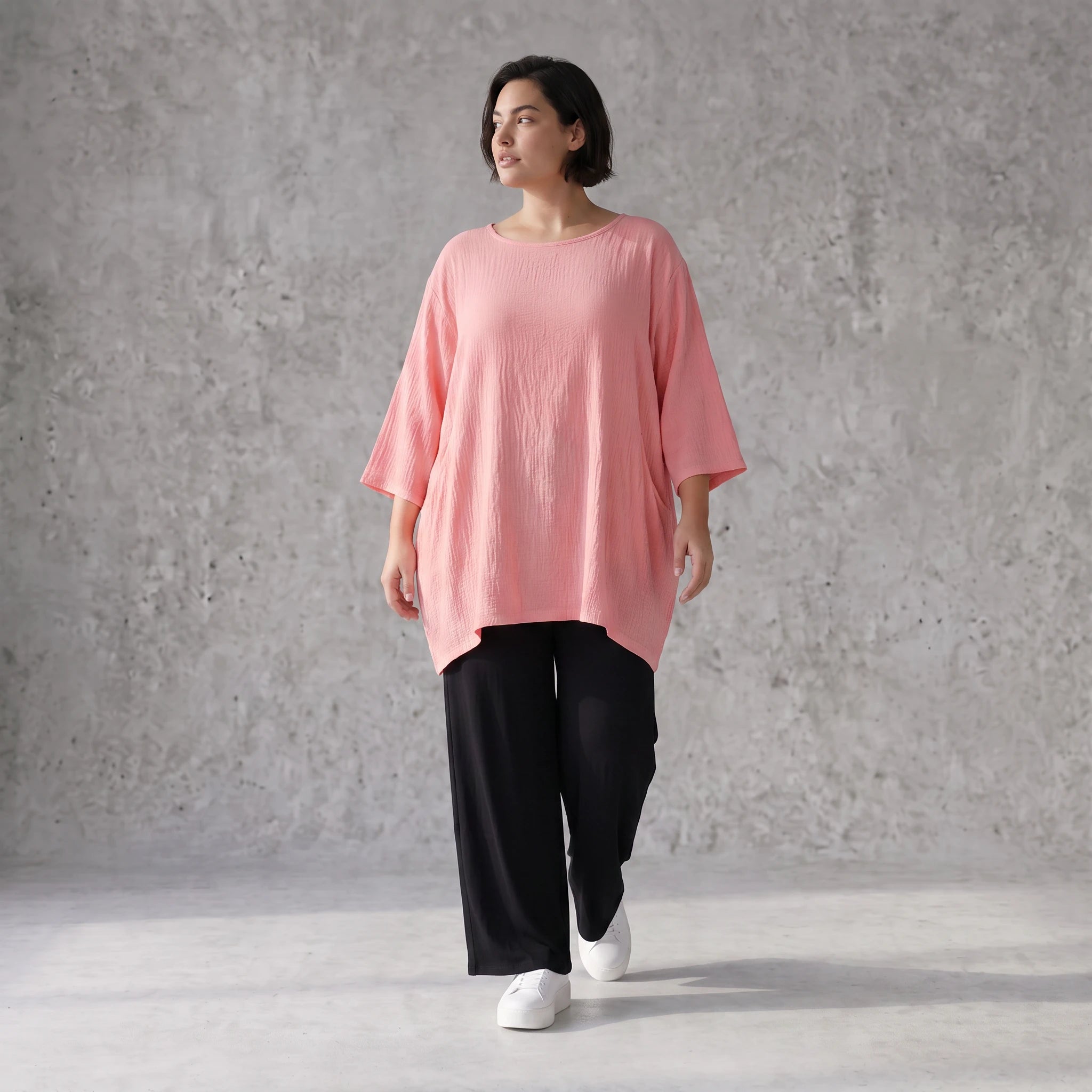 Damen Shirt Avantgarde Viskose Rosa, A-Linie, 3/4-Arm, Seitentaschen, Oversize große Größen – AKH Fashion