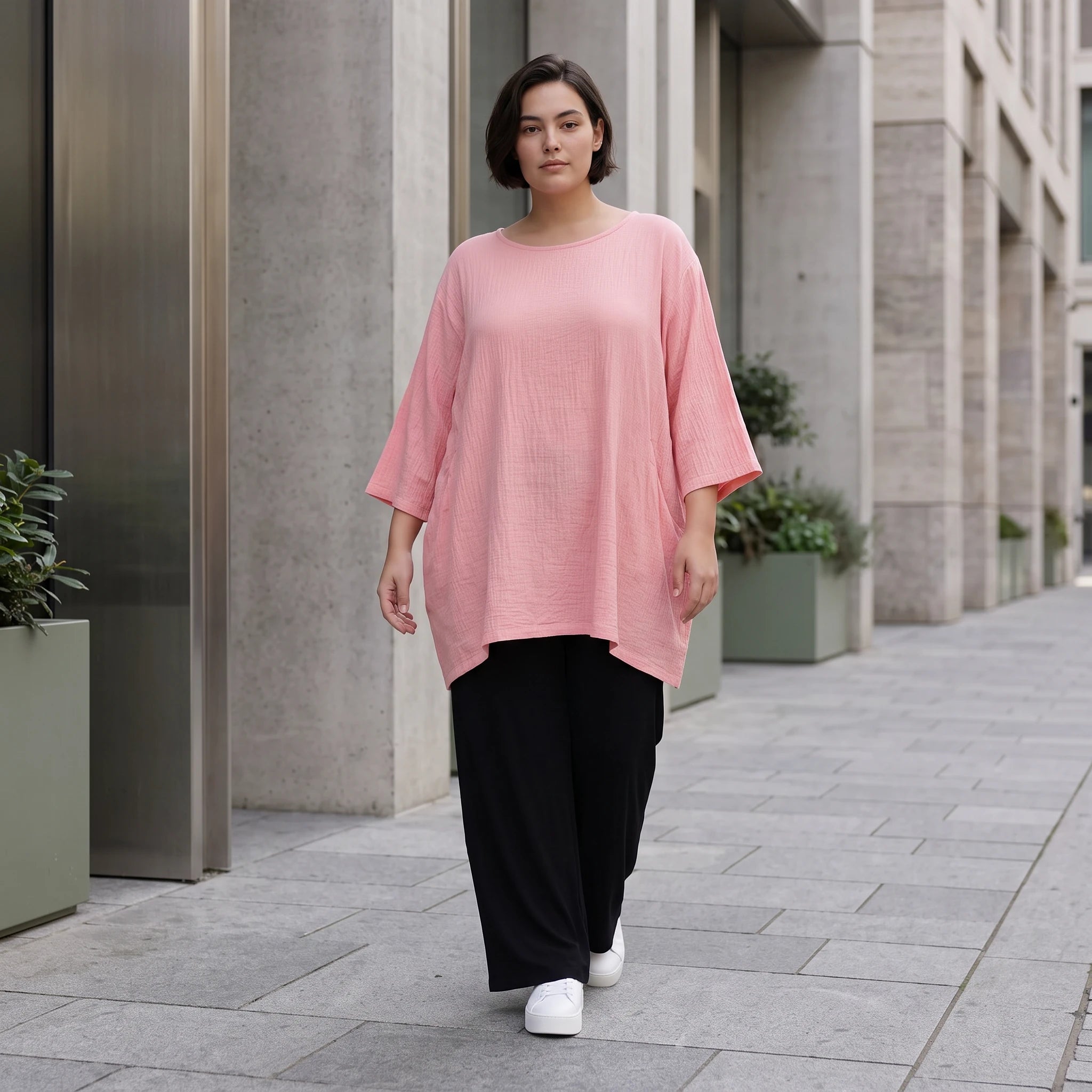 Damen Shirt Avantgarde Viskose Rosa, A-Linie, 3/4-Arm, Seitentaschen, Oversize große Größen – AKH Fashion