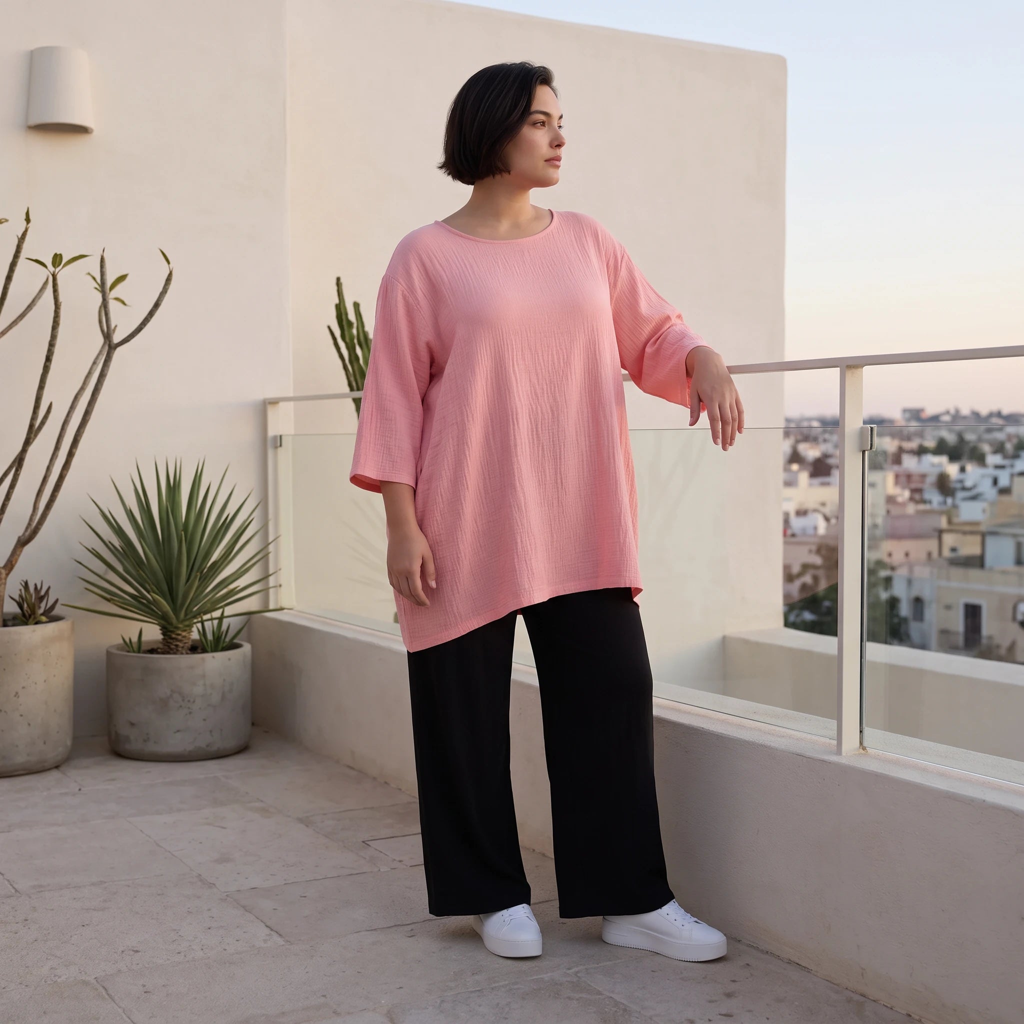 Damen Shirt Avantgarde Viskose Rosa, A-Linie, 3/4-Arm, Seitentaschen, Oversize große Größen – AKH Fashion