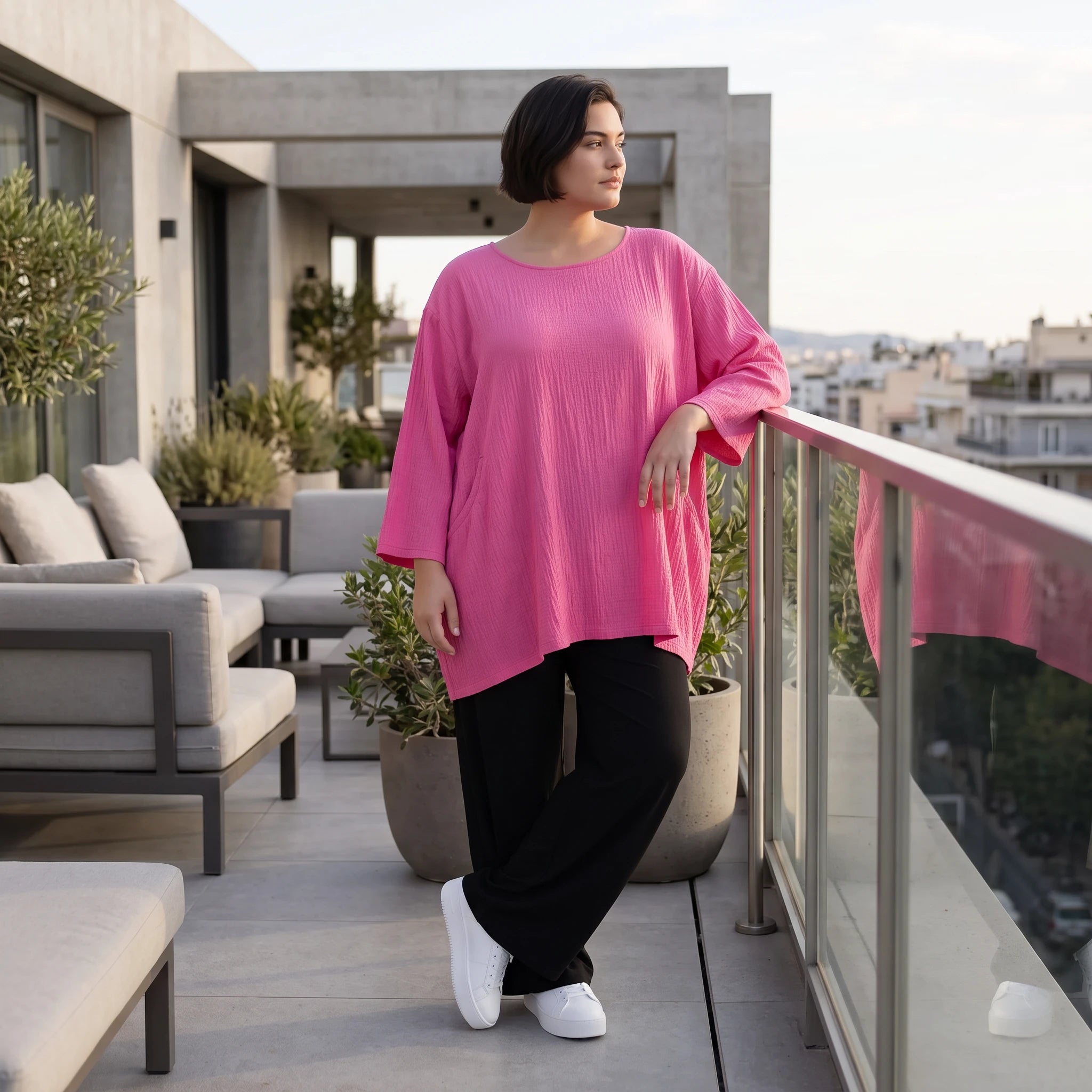 Damen Shirt Avantgarde Viskose Fuchsia, A-Linie, Seitentaschen, Oversize große Größen – AKH Fashion