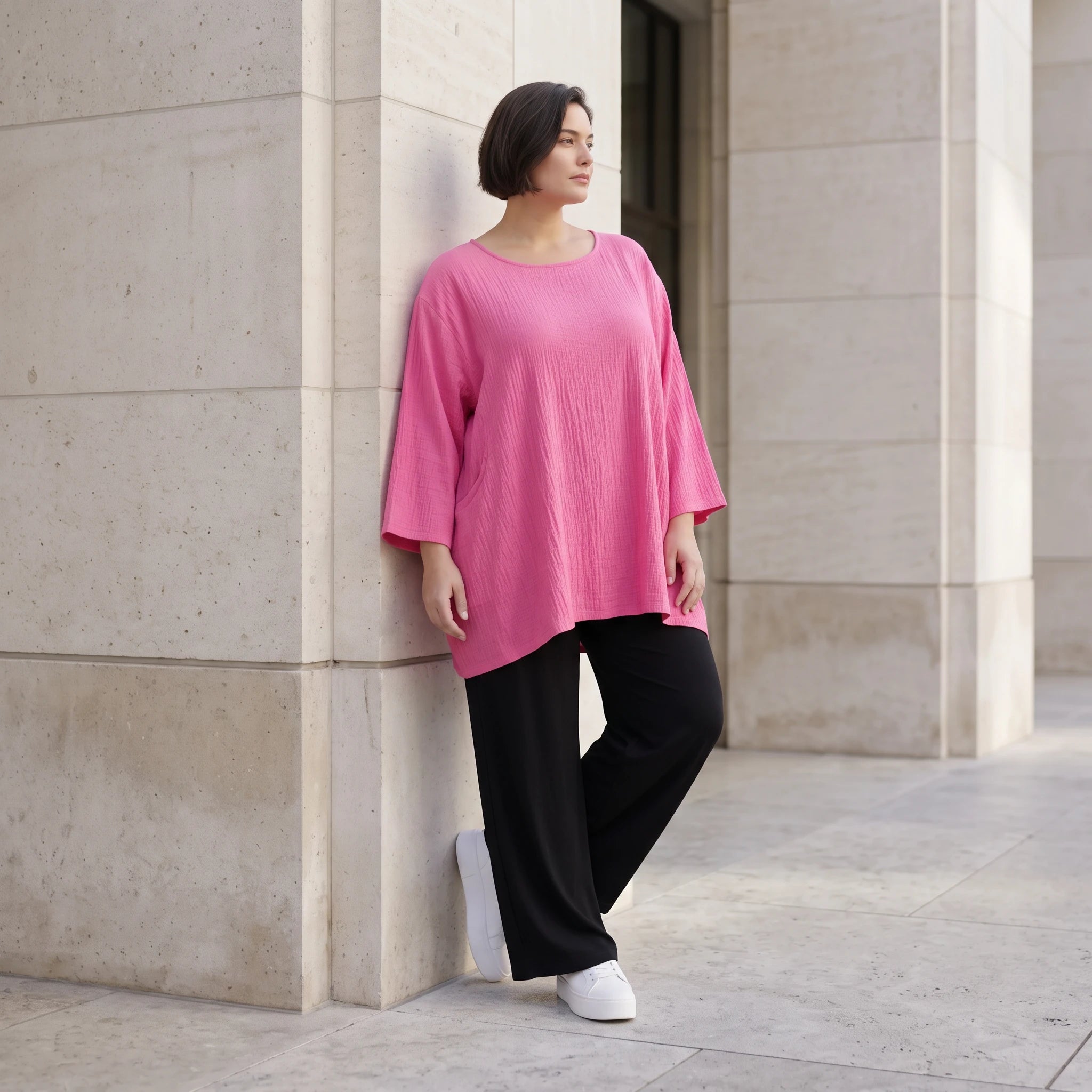 Damen Shirt Avantgarde Viskose Fuchsia, A-Linie, Seitentaschen, Oversize große Größen – AKH Fashion