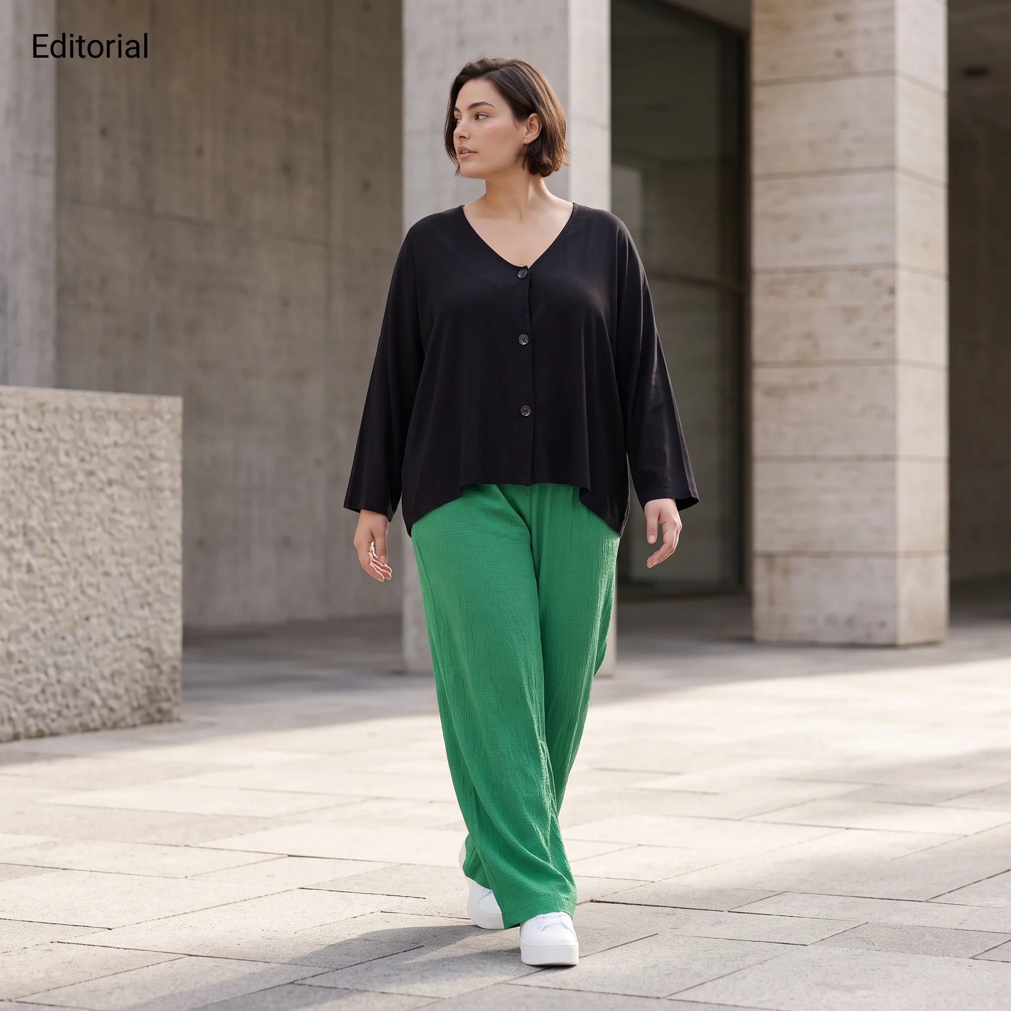 Damen Hose Avantgarde Viskose Grün, gerader Schnitt, Flügeltaschen, Oversize große Größen – AKH Fashion